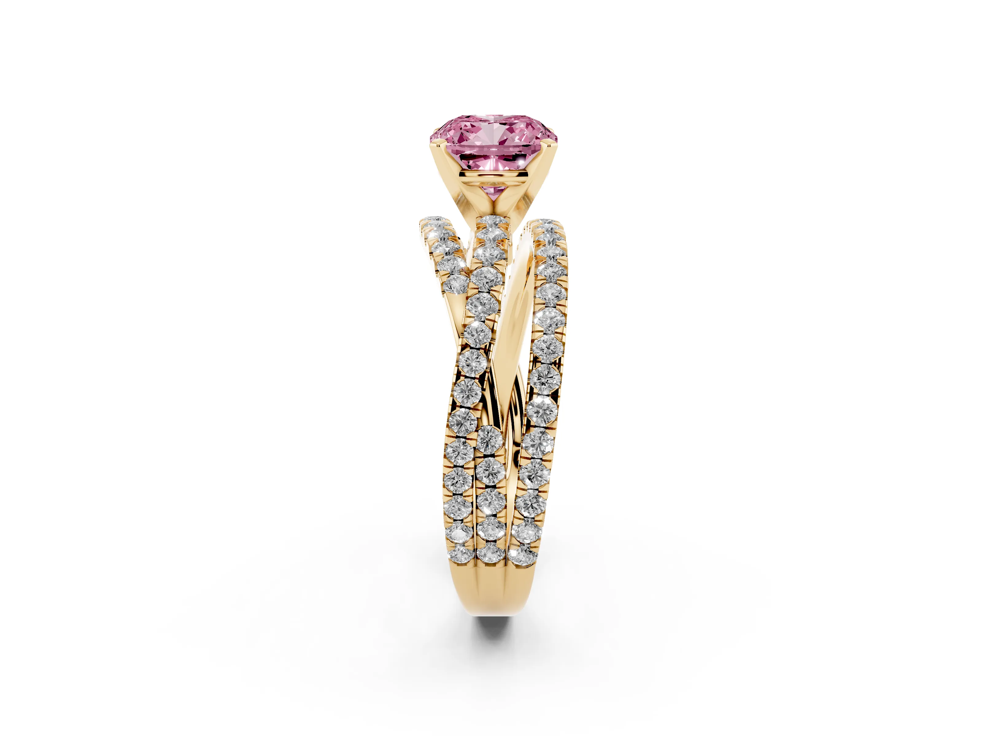 Fancy Pink Cushion Cut Diamond Solitaire Twist Band Ring Set in Yellow gold with Pavé Setting and Prong Head