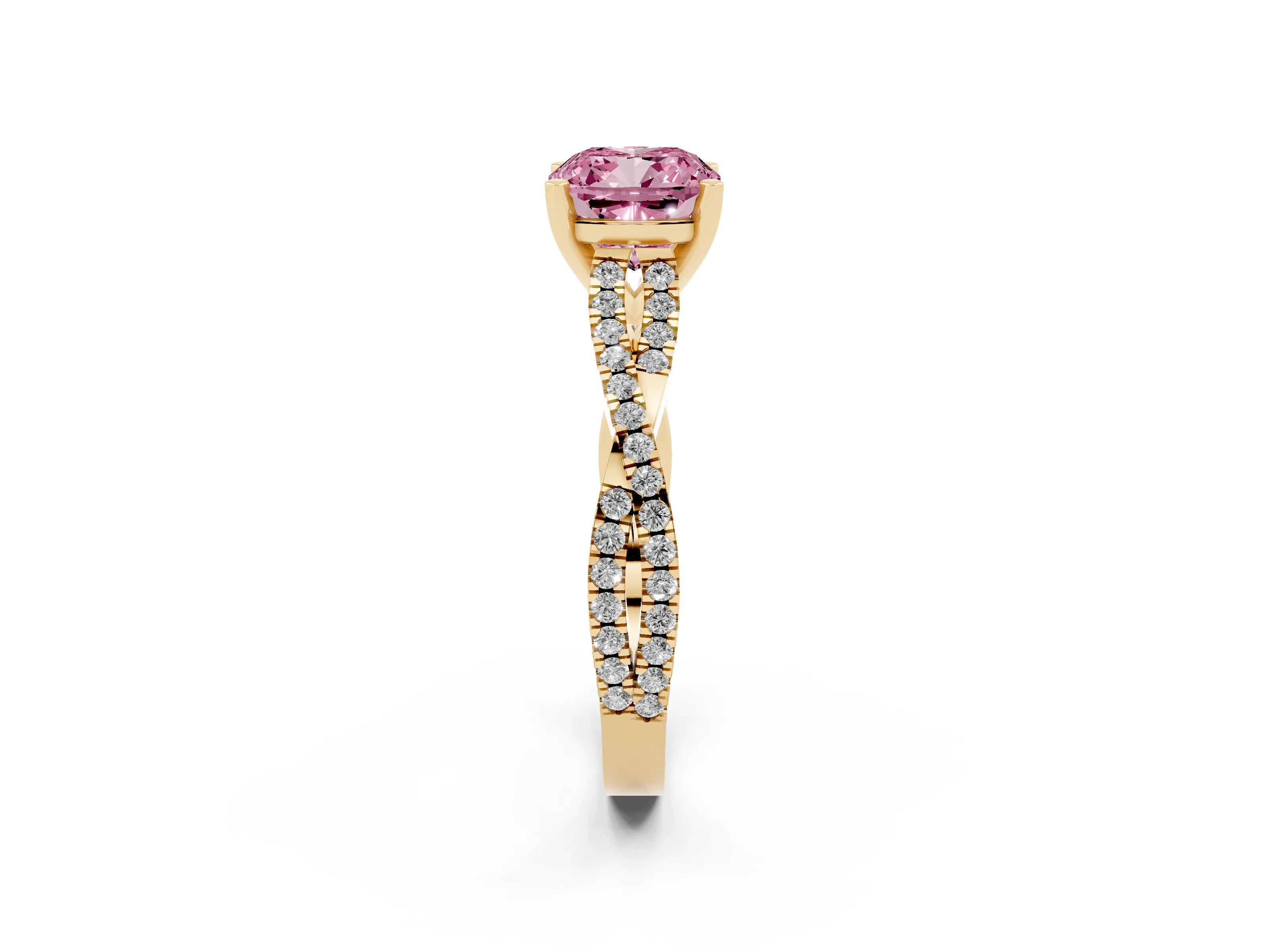 Fancy Pink Cushion Cut Diamond Solitaire Engagement Ring Set in Yellow gold with Twisted Pavé Band and Prong Setting