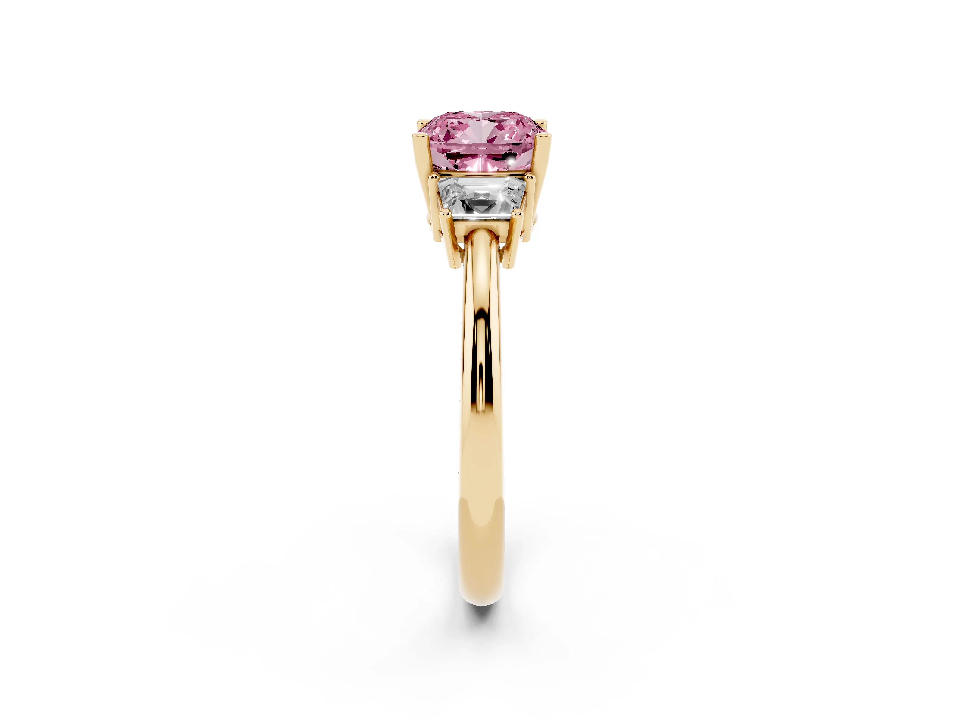 Fancy Pink Cushion Cut Diamond Three-Stone Ring Set in Yellow gold with Trapezoid Side Stones and Prong Setting