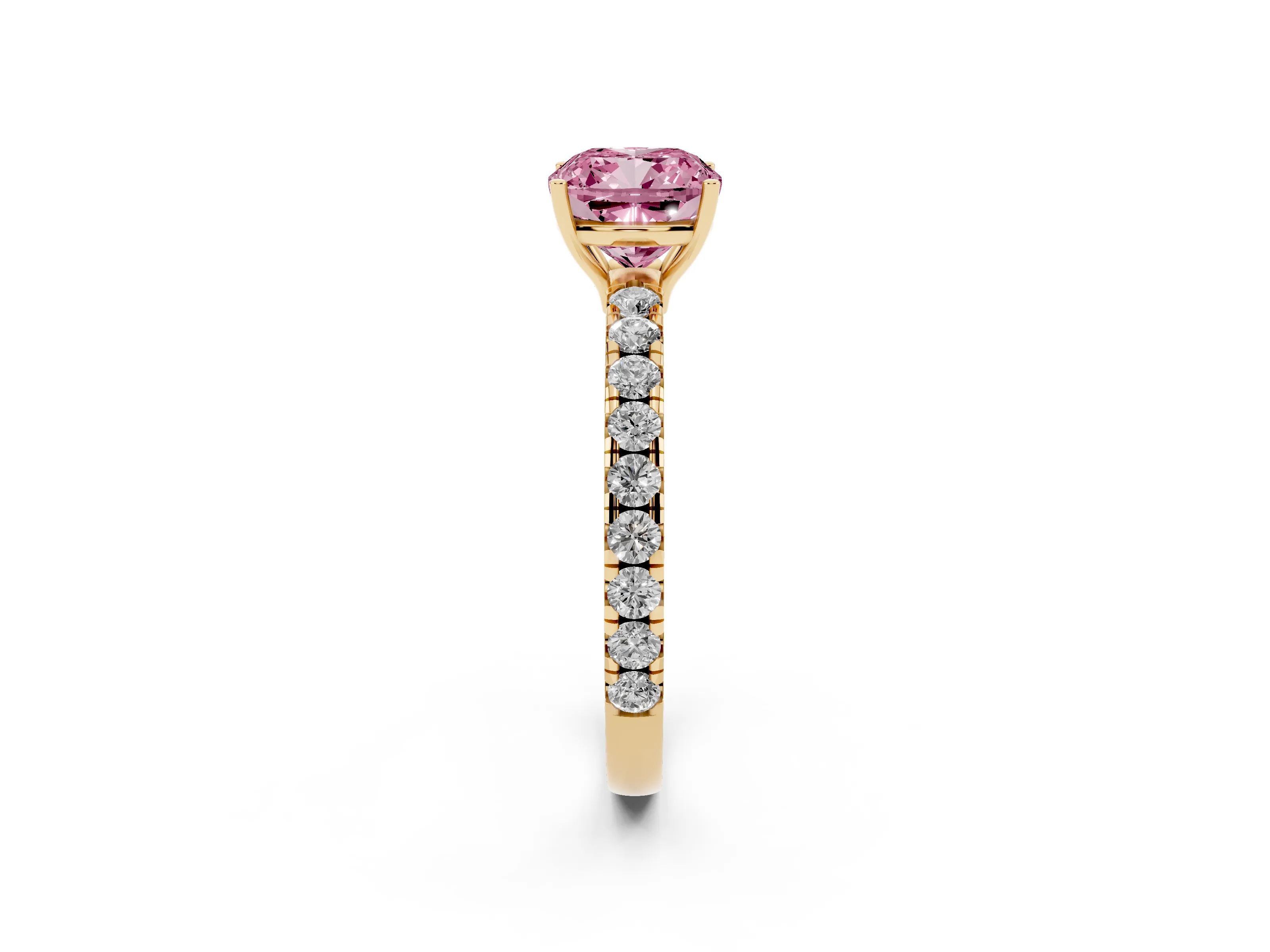 Fancy Pink Cushion Cut Diamond Pavé Solitaire Engagement Ring Set in Yellow gold with Prong Setting