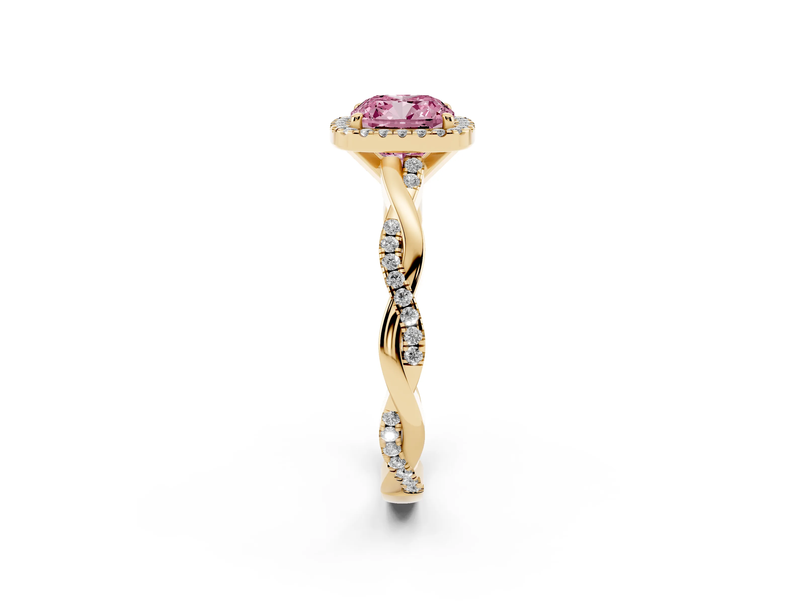 Fancy Pink Cushion Cut Diamond Halo Twisted Band Ring Set in Yellow gold with Prong Setting