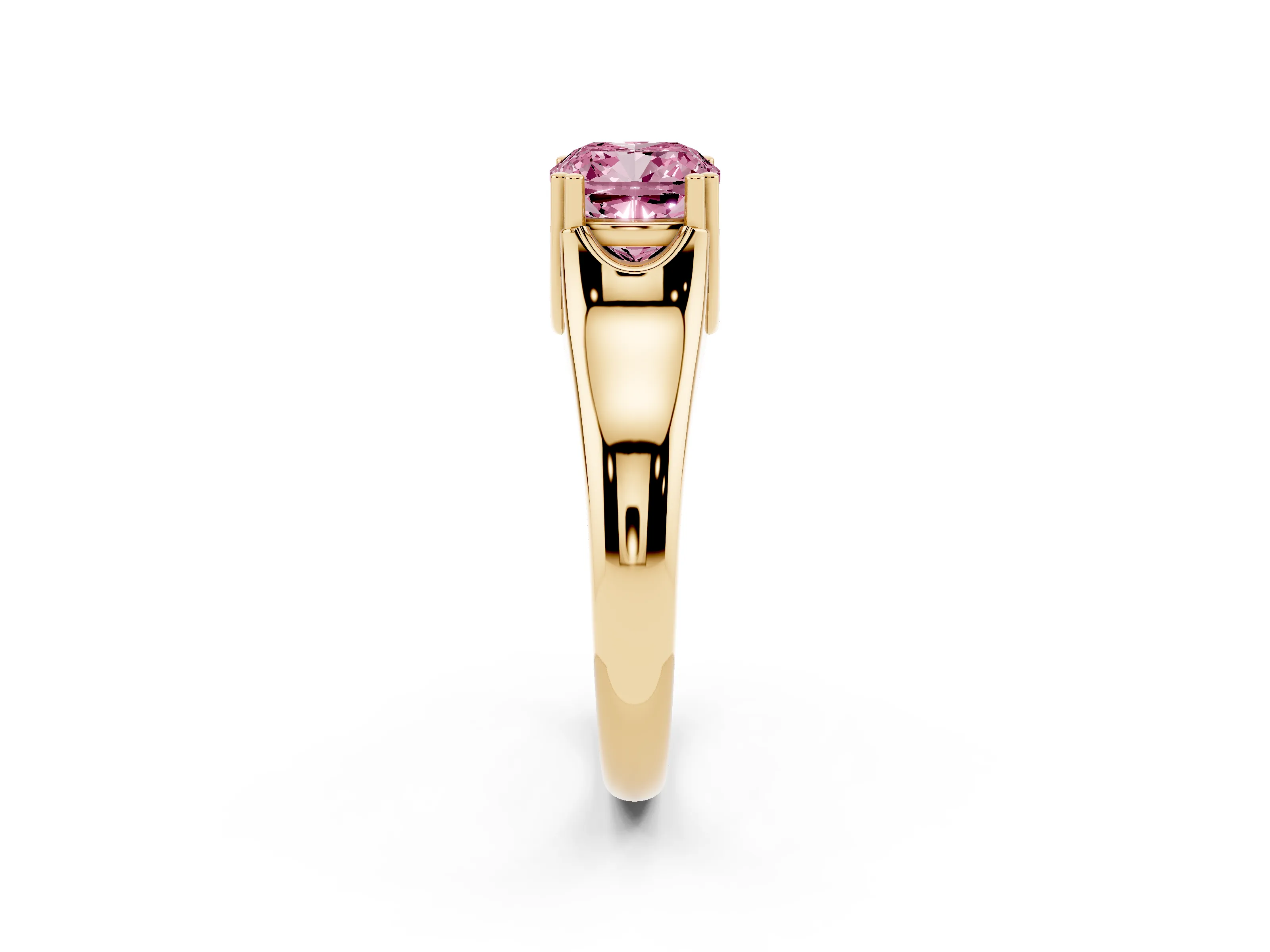 Fancy Pink Cushion Cut Diamond Solitaire Ring Set in Yellow gold with Wide Band and Prong Setting