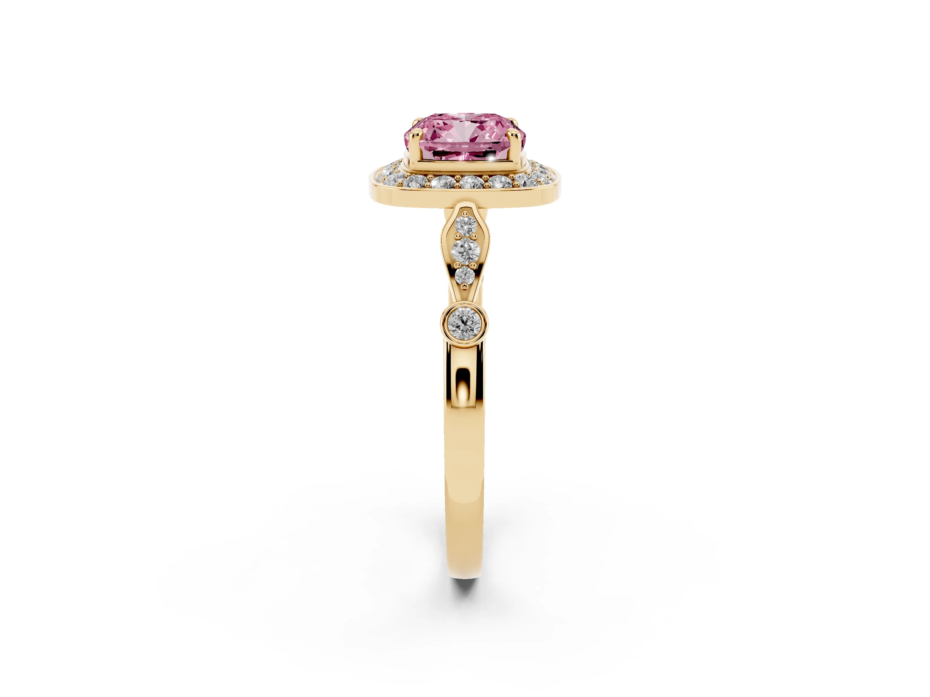 Fancy Pink Cushion Cut Diamond Halo Engagement Ring Set in Yellow gold with Twisted Band and Prong Setting