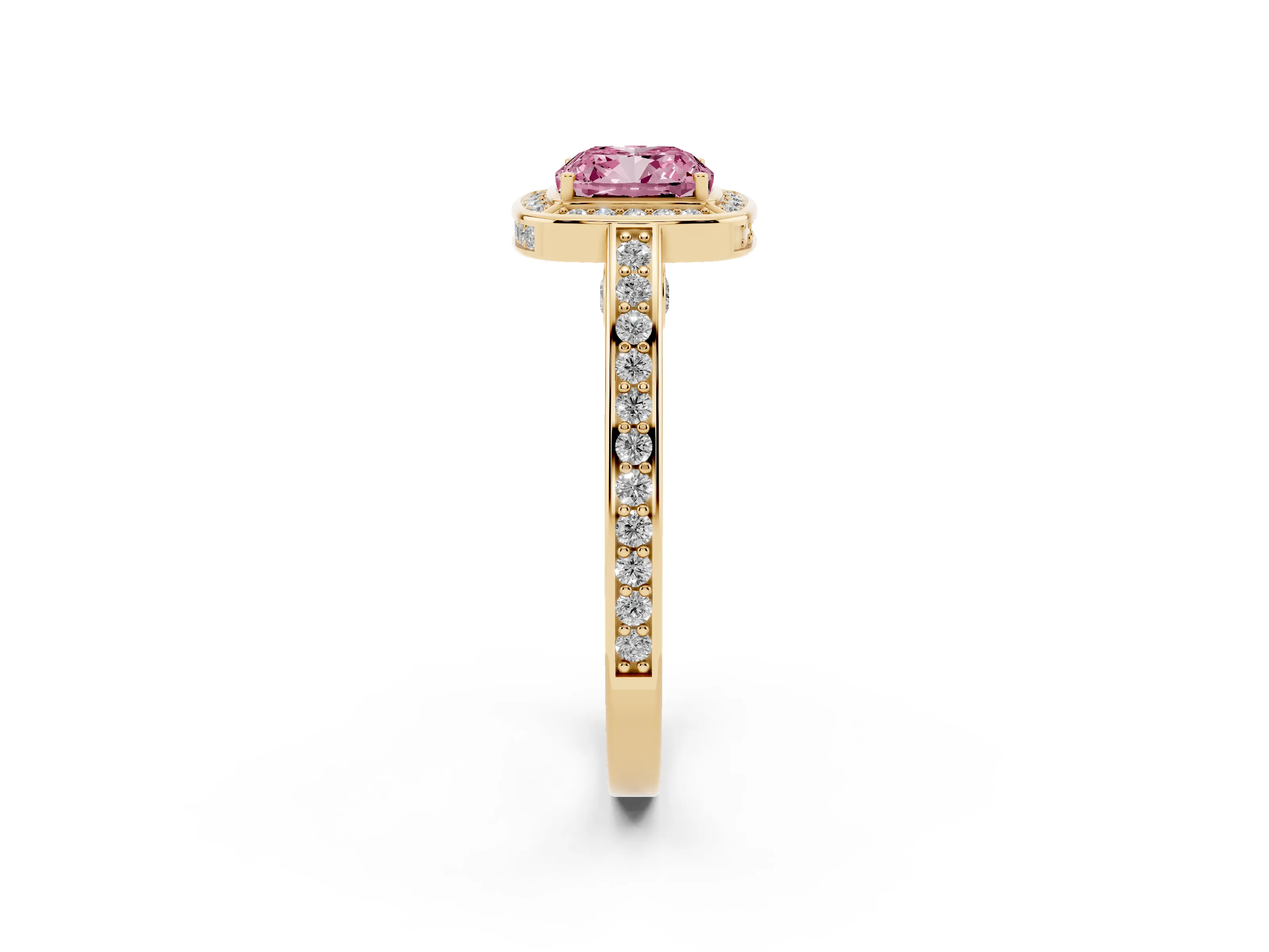 Fancy Pink Cushion Cut Diamond Halo Pavé Split Shank Ring Set in Yellow gold with Prong Setting
