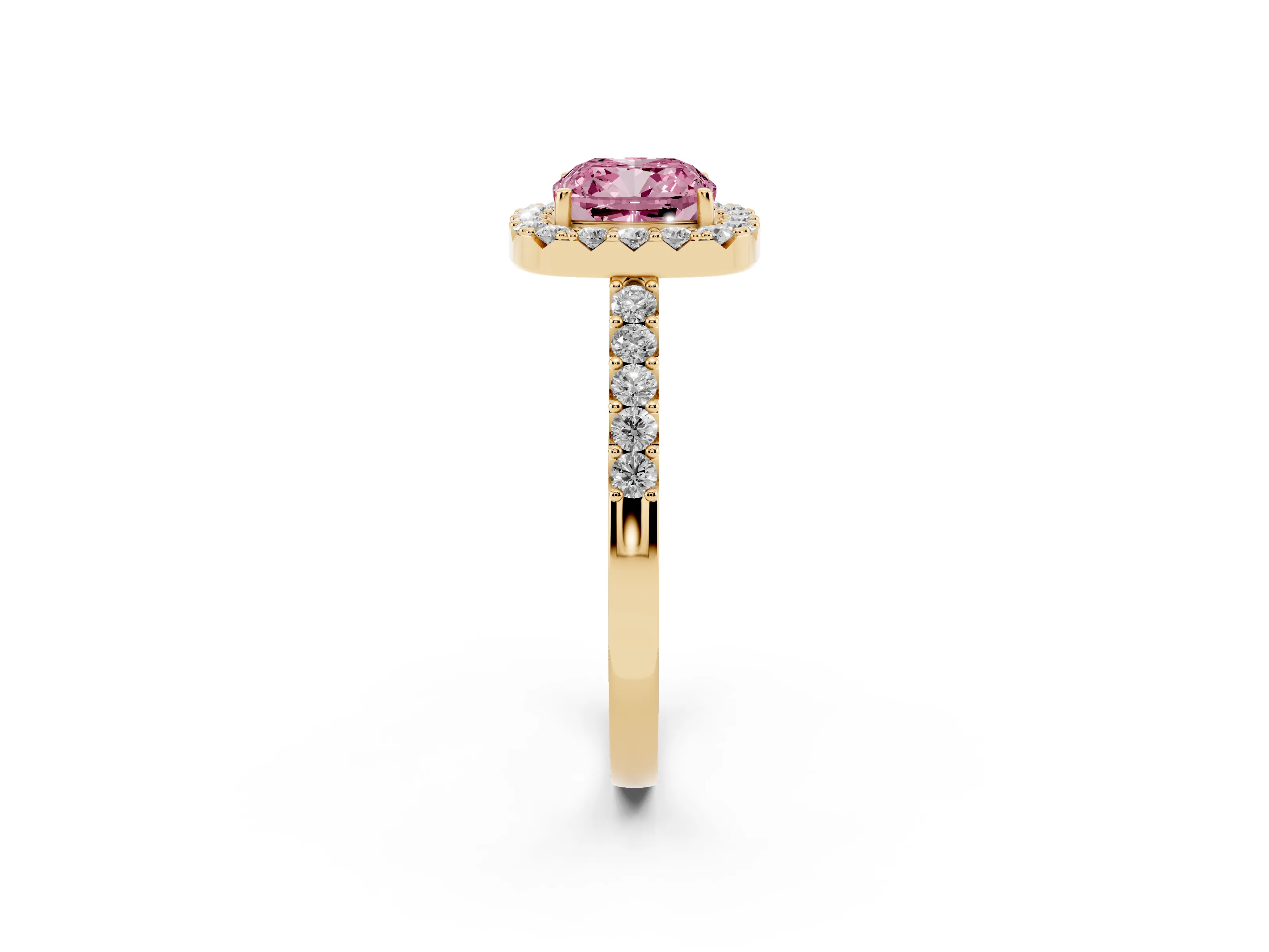 Fancy Pink Cushion Cut Diamond Halo Pavé Solitaire Ring Set in Yellow gold with Prong-Set Center Stone