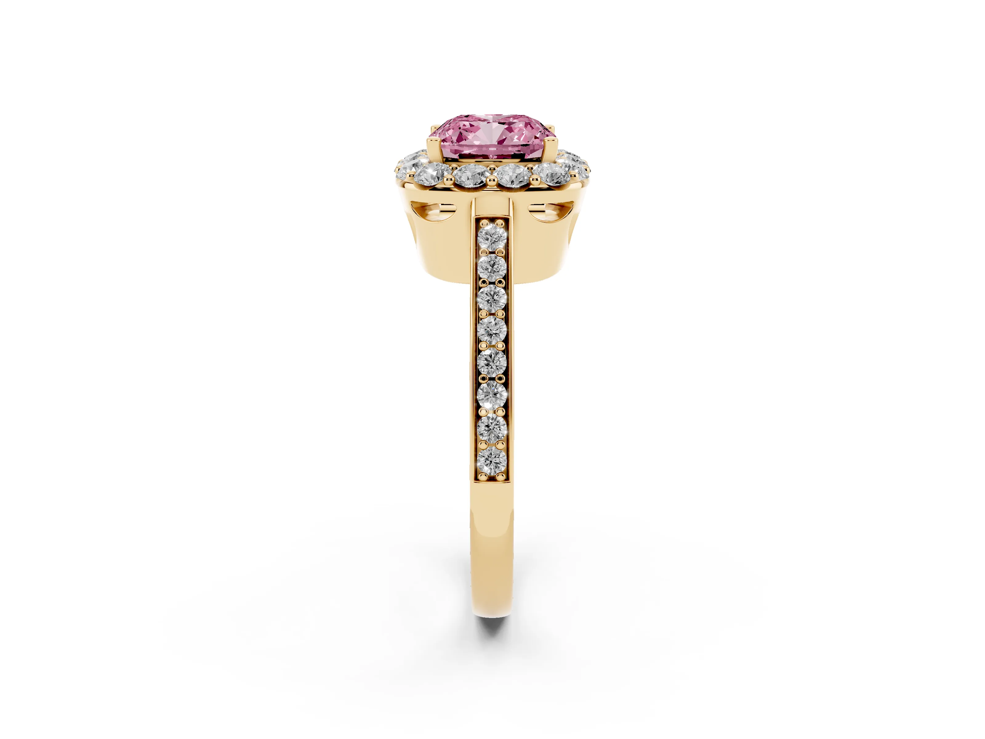 Fancy Pink Cushion Cut Diamond Floral Halo Ring Set in Yellow gold with Pavé Band and Prong Setting