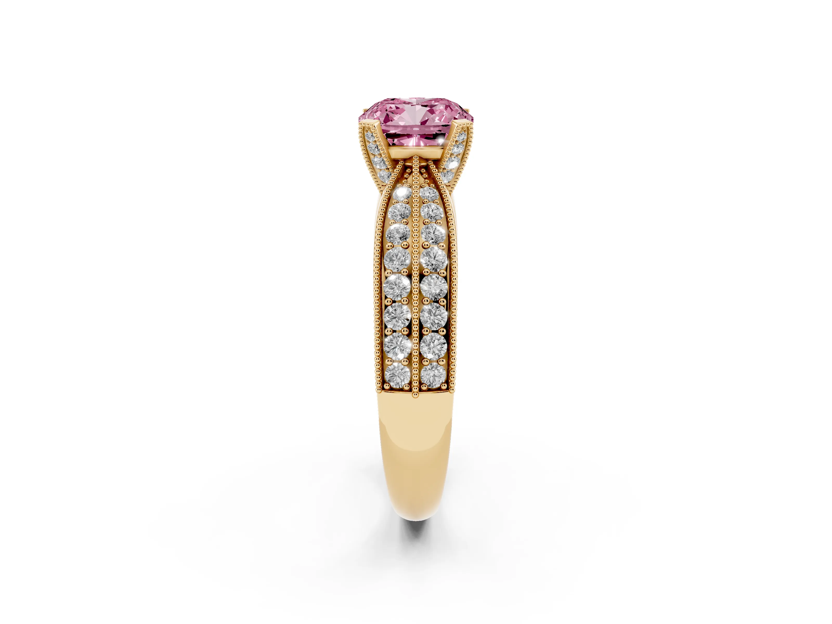 Fancy Pink Cushion Cut Diamond Solitaire Ring Set in Yellow gold with Milgrain Double Row Round Pavé Band