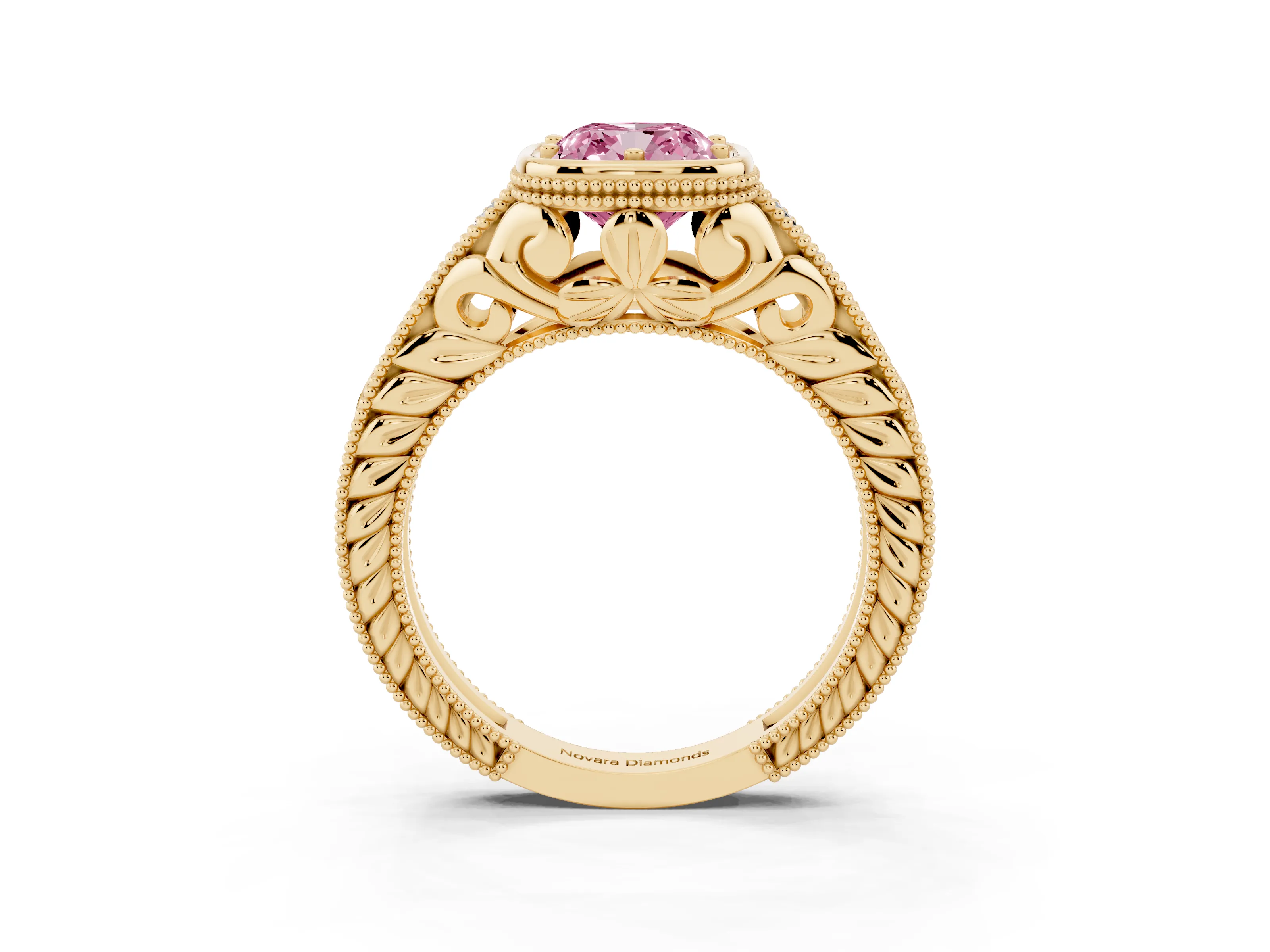 Fancy Pink Bezel Set Cushion Cut Diamond Milgrain Pavé Engagement Ring Set in Yellow gold