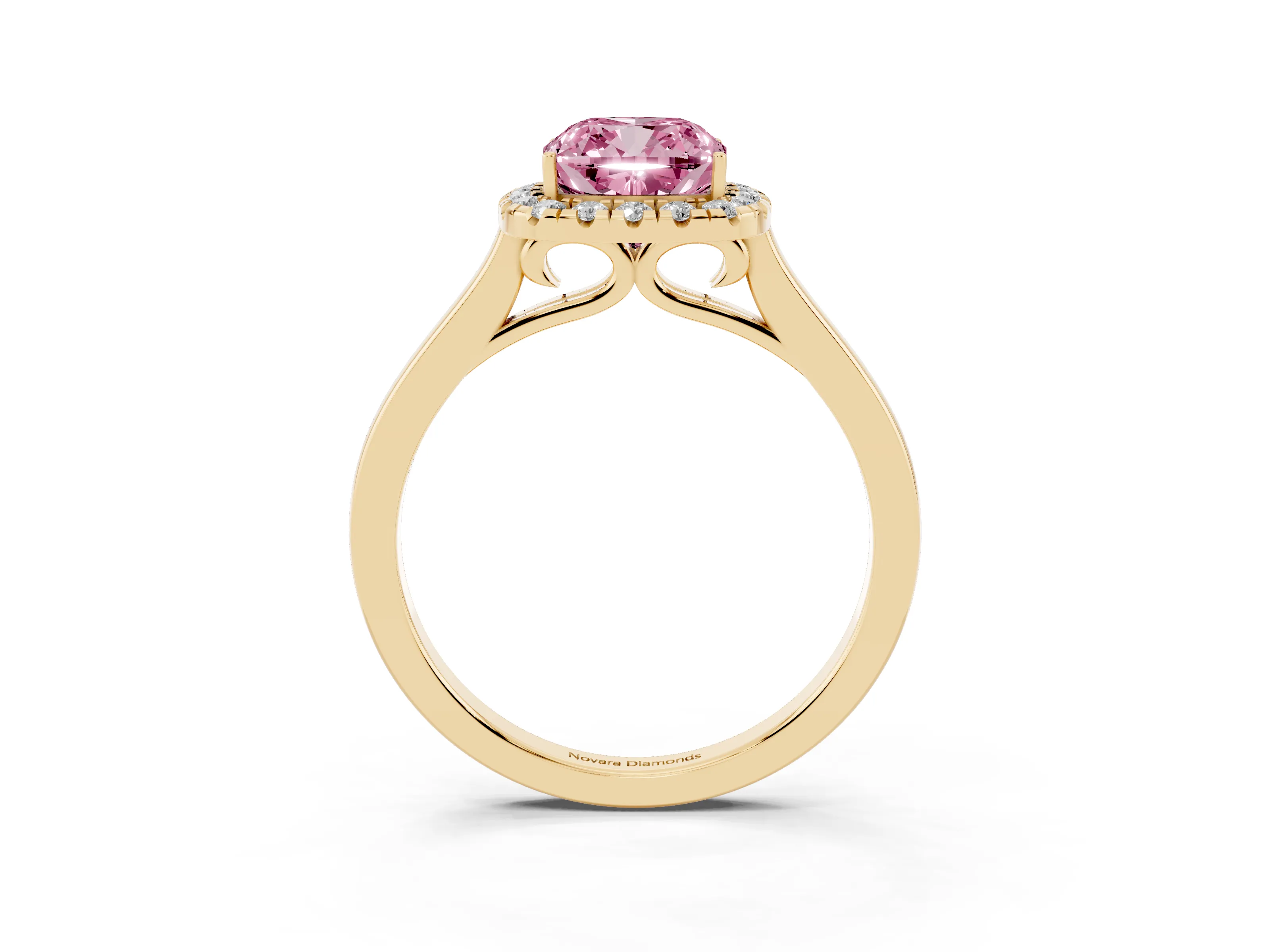 Fancy Pink Cushion Cut Halo Round Diamond Solitaire Ring Set in Yellow gold with Pavé Band and Prong Setting