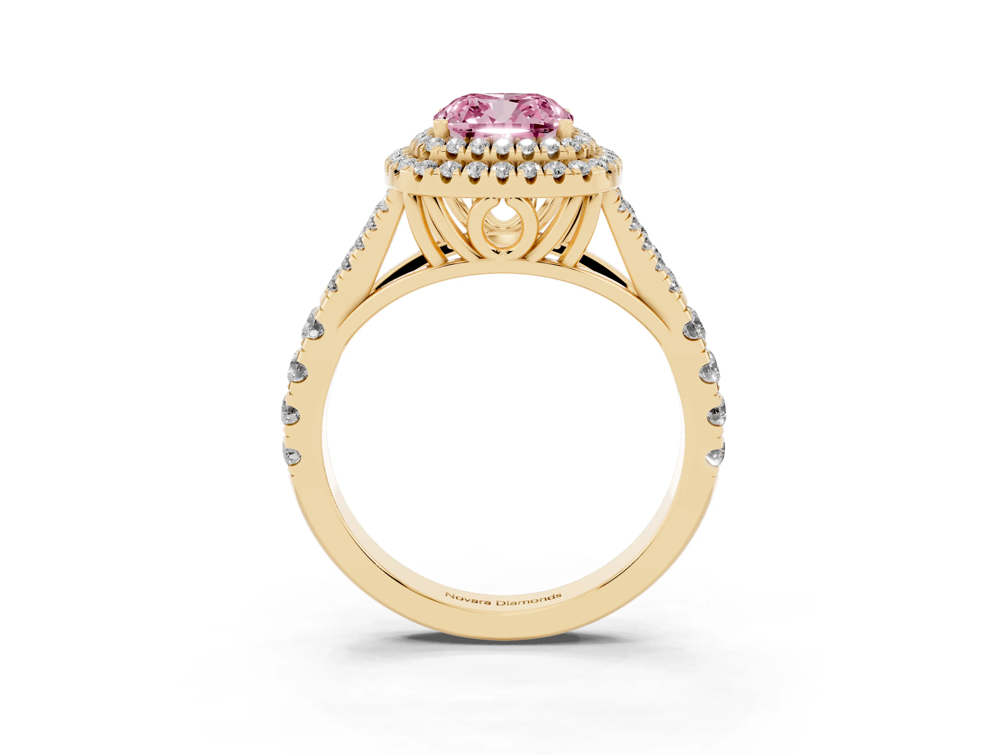 Fancy Pink Cushion Cut Diamond Pavé Split Shank Double Halo Engagement Ring Set in Yellow gold