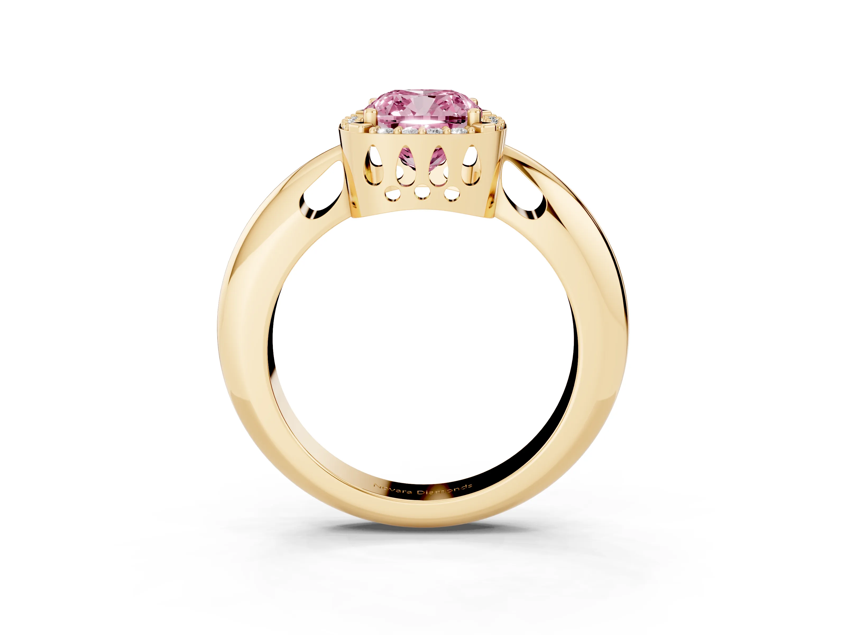 Fancy Pink Cushion Cut Diamond Halo Engagement Ring Set in Yellow gold with Plain Split Shank and Prong Setting