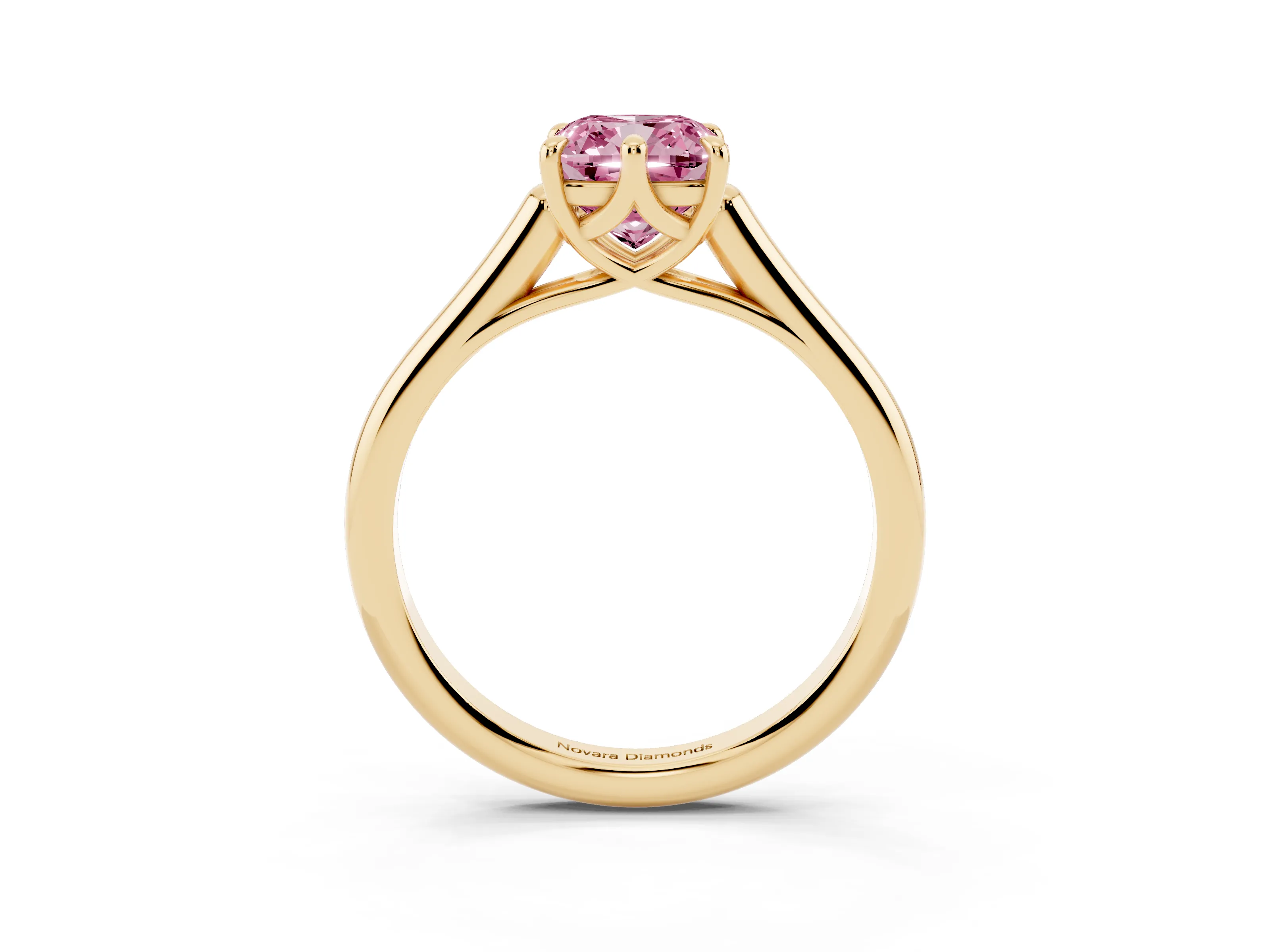 Fancy Pink Cushion Cut Diamond Solitaire Engagement Ring Set in Yellow gold with Prong Setting and Plain Classic Band