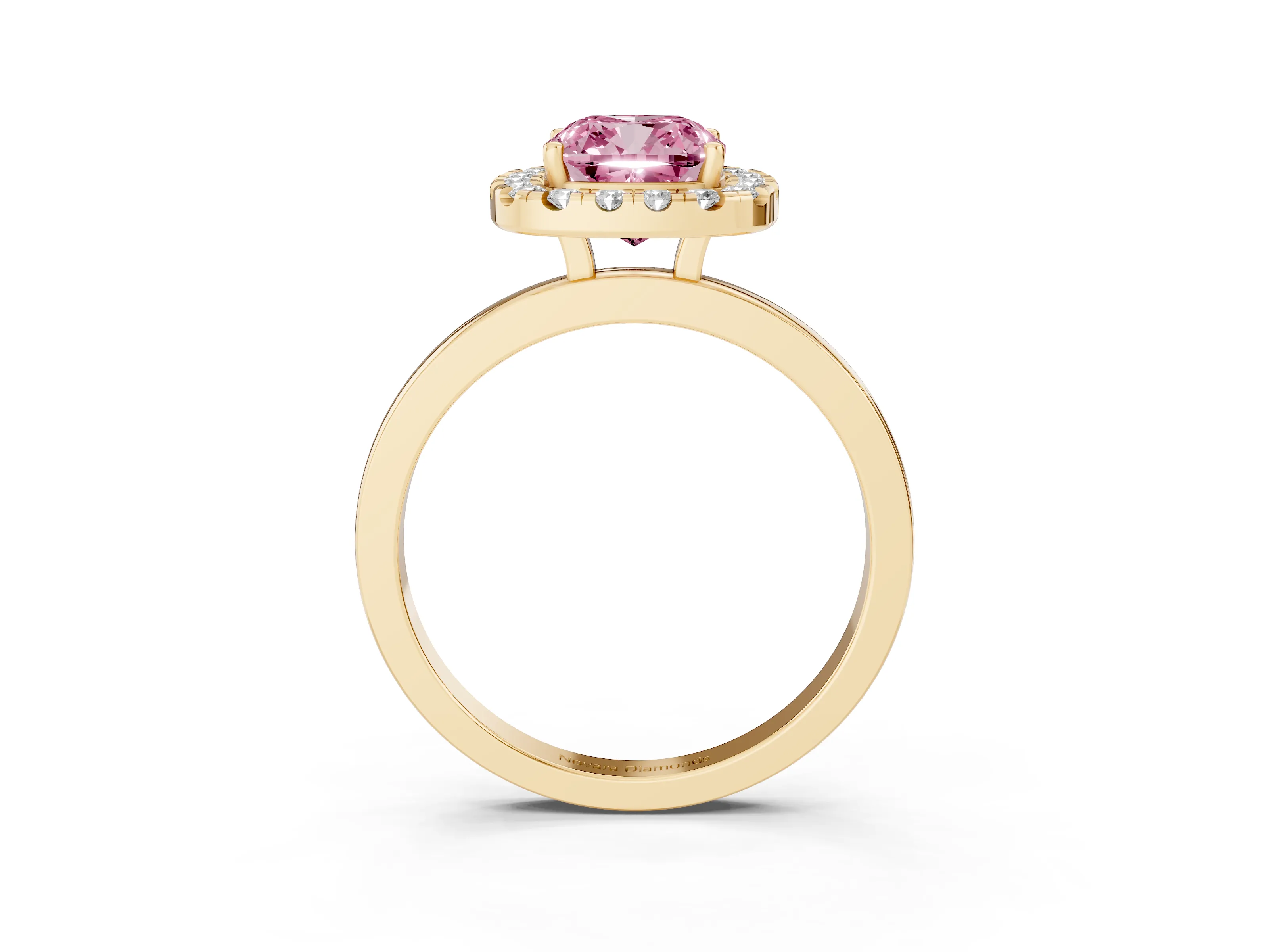 Fancy Pink Cushion Cut Diamond Halo Solitaire Ring Set in Yellow gold with Pavé Band and Prong Setting