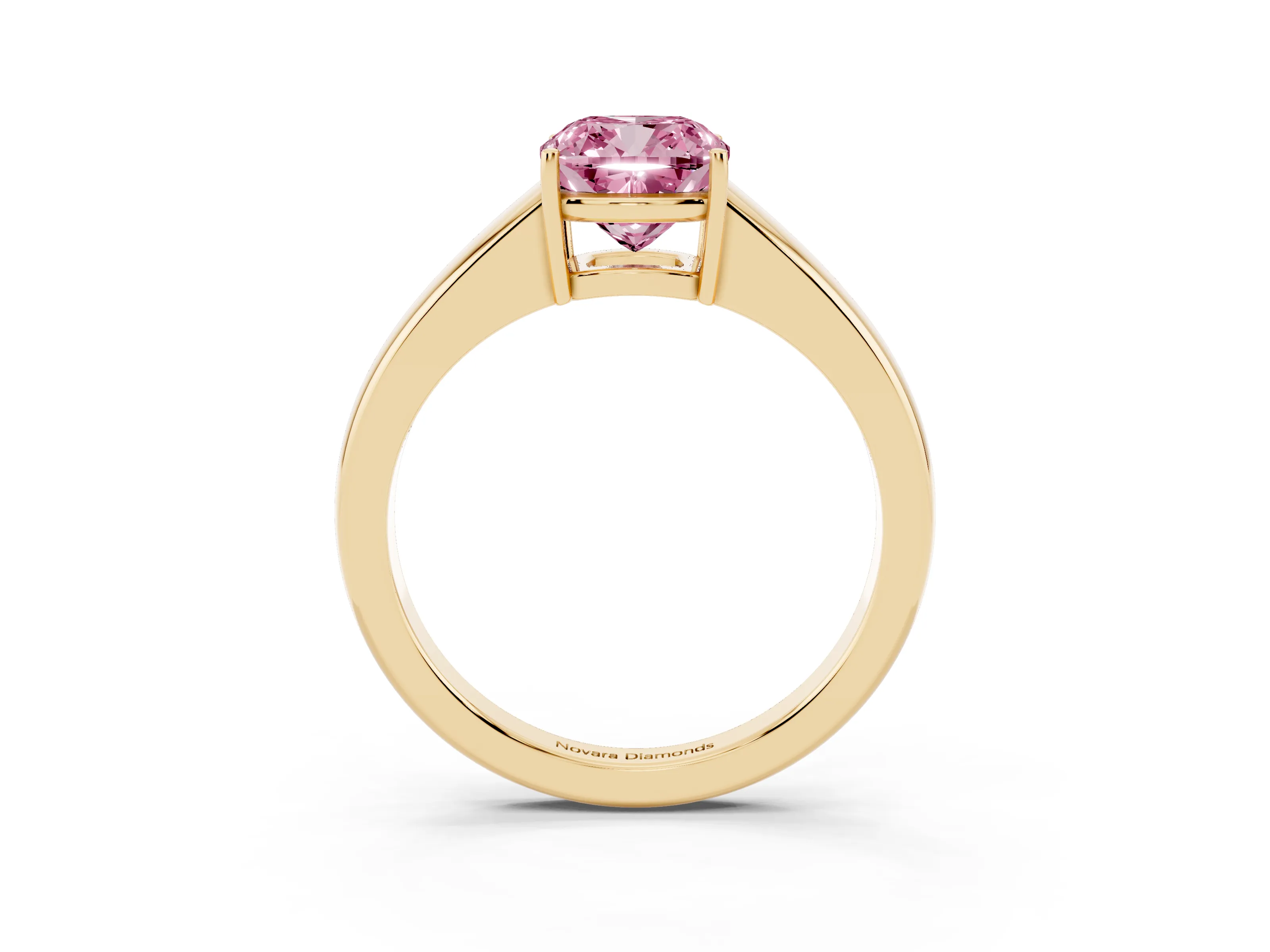 Fancy Pink Cushion Cut Diamond Solitaire Ring Set in Yellow gold with Tapered Band and Prong Setting