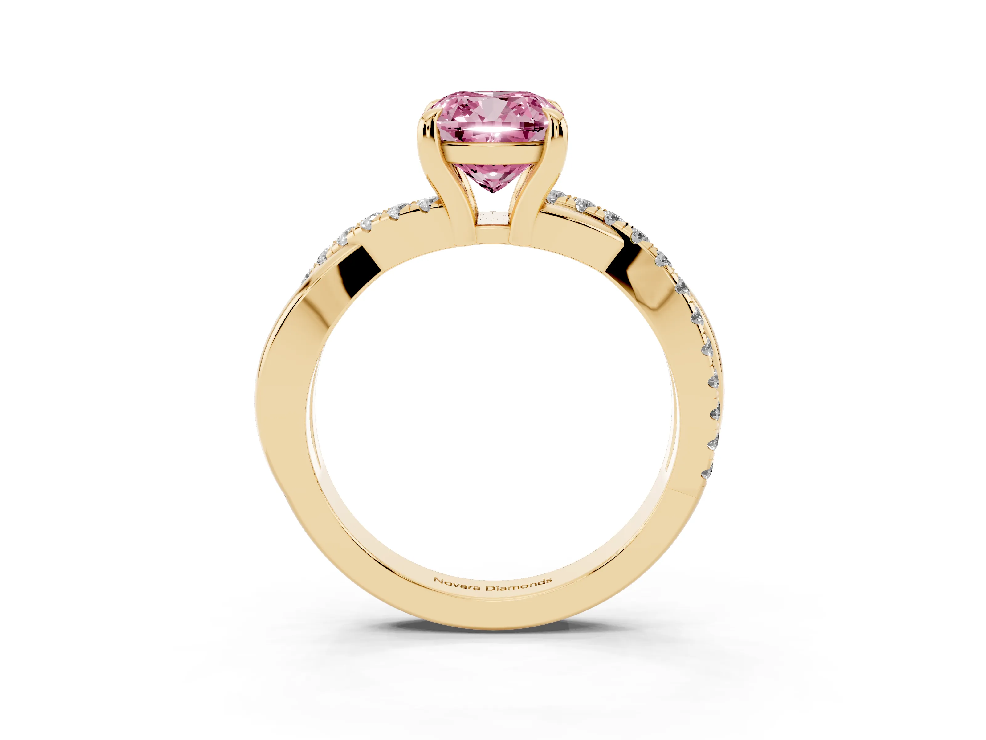 Fancy Pink Cushion Cut Diamond Twist Band Pavé Solitaire Ring Set in Yellow gold with Prong Setting