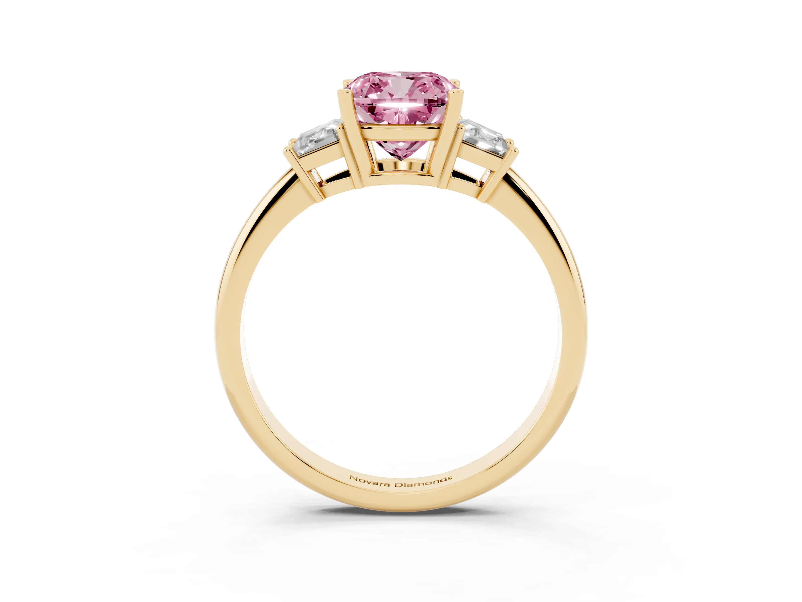 Fancy Pink Cushion Cut Diamond Three-Stone Ring Set in Yellow gold with Trapezoid Side Stones and Prong Setting