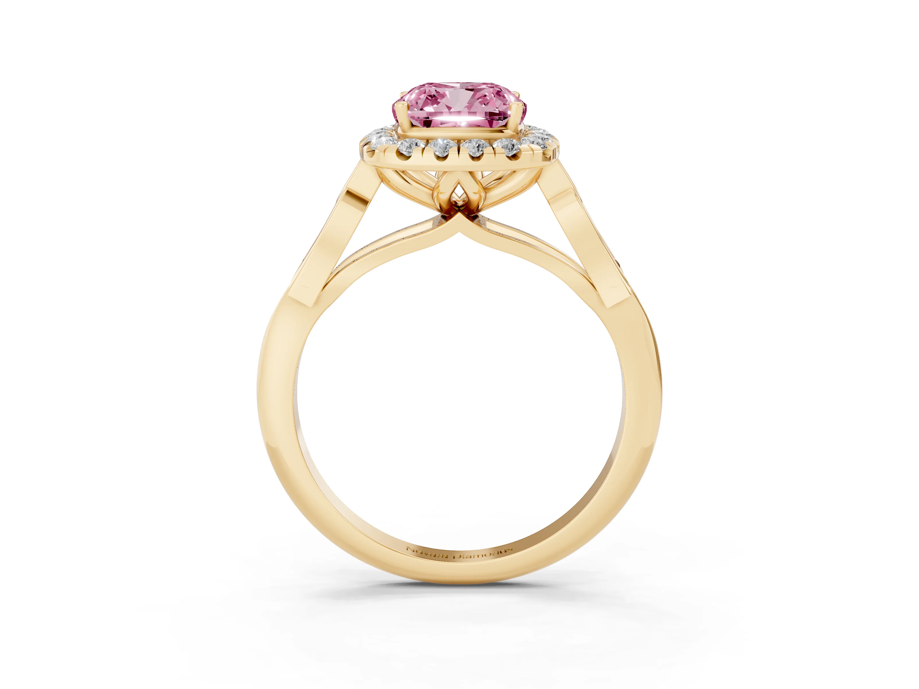 Fancy Pink Cushion Cut Diamond Halo Engagement Ring Set in Yellow gold with Filigree Band and Prong-Set Center
