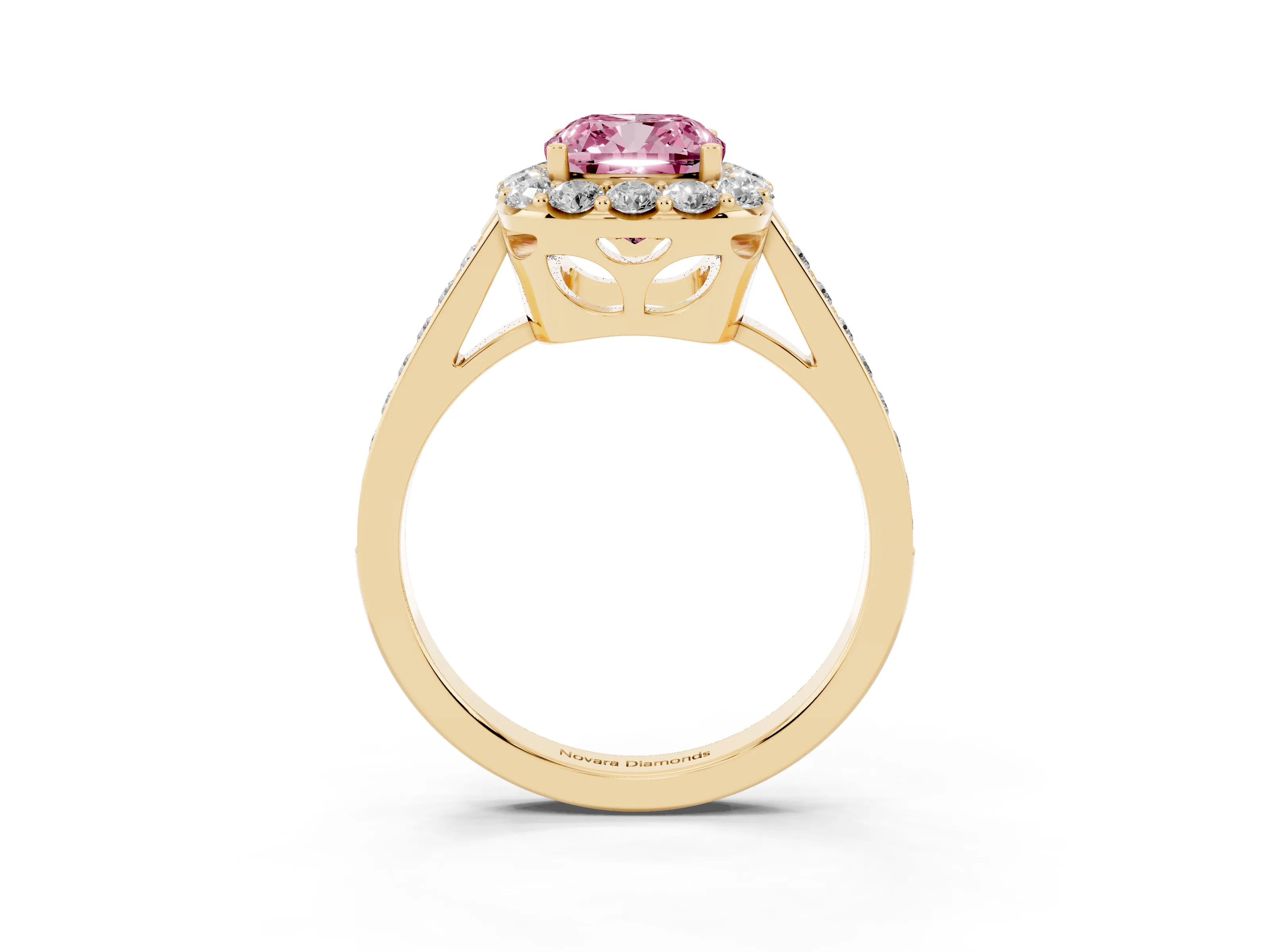 Fancy Pink Cushion Cut Diamond Floral Halo Ring Set in Yellow gold with Pavé Band and Prong Setting