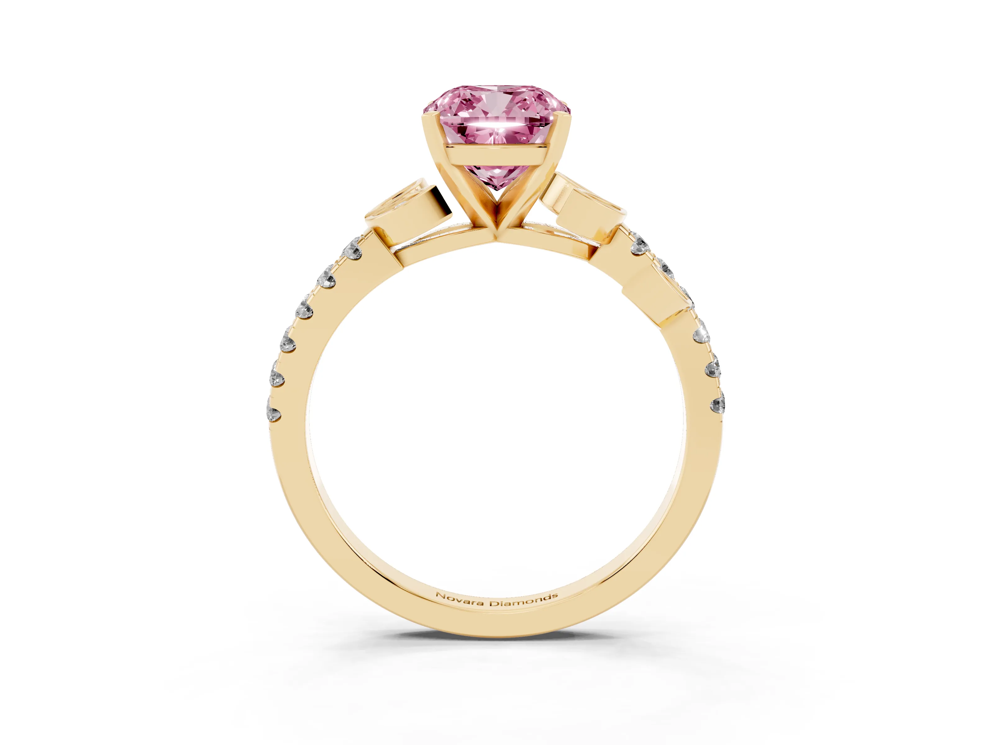 Fancy Pink Cushion Cut Diamond Solitaire Leaf-Inspired Ring Set in Yellow gold with Pavé Band and Prong Setting