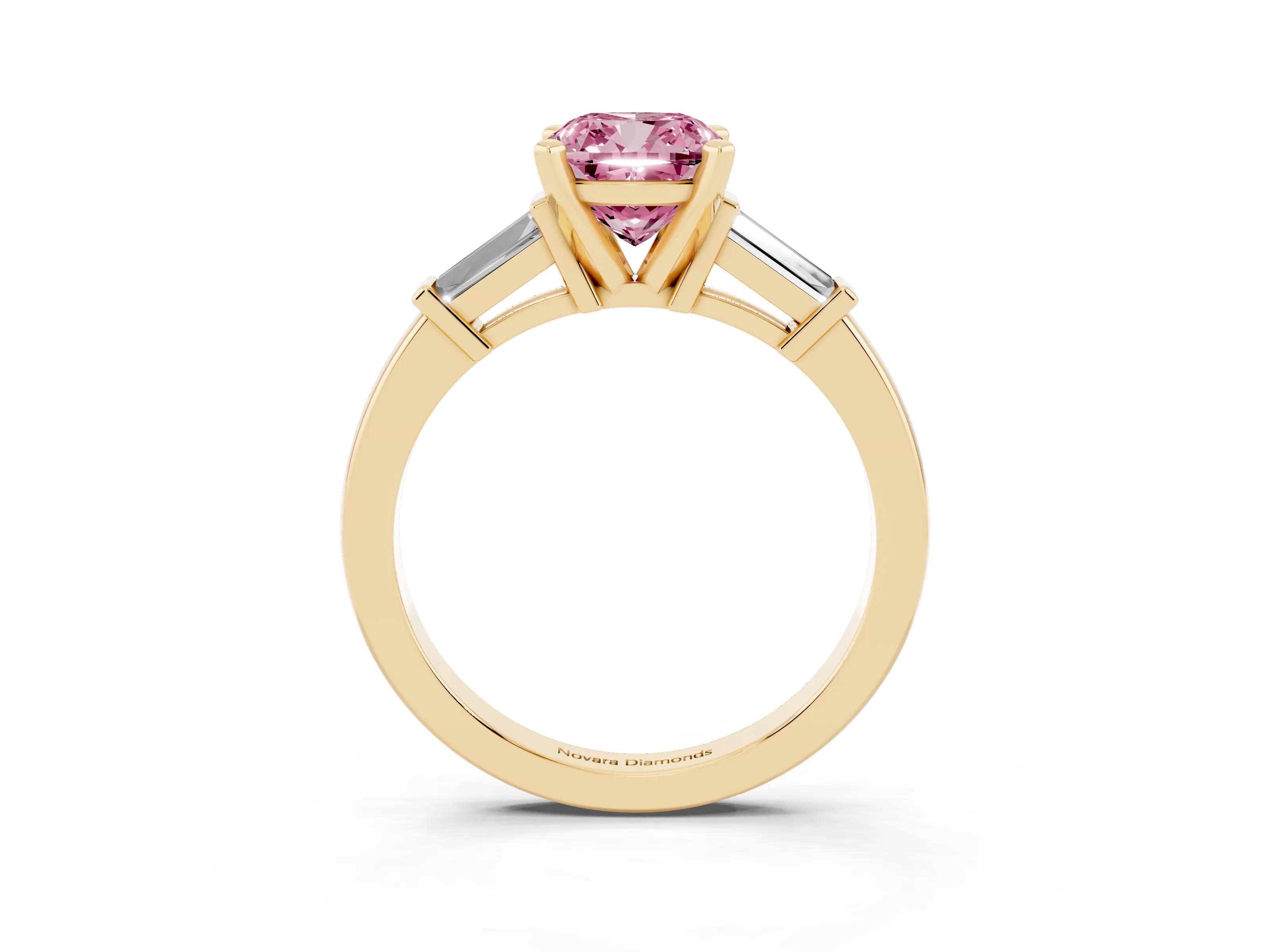 Fancy Pink Cushion Cut Diamond Solitaire Ring Set in Yellow gold with Tapered Baguette Accents and Prong Setting