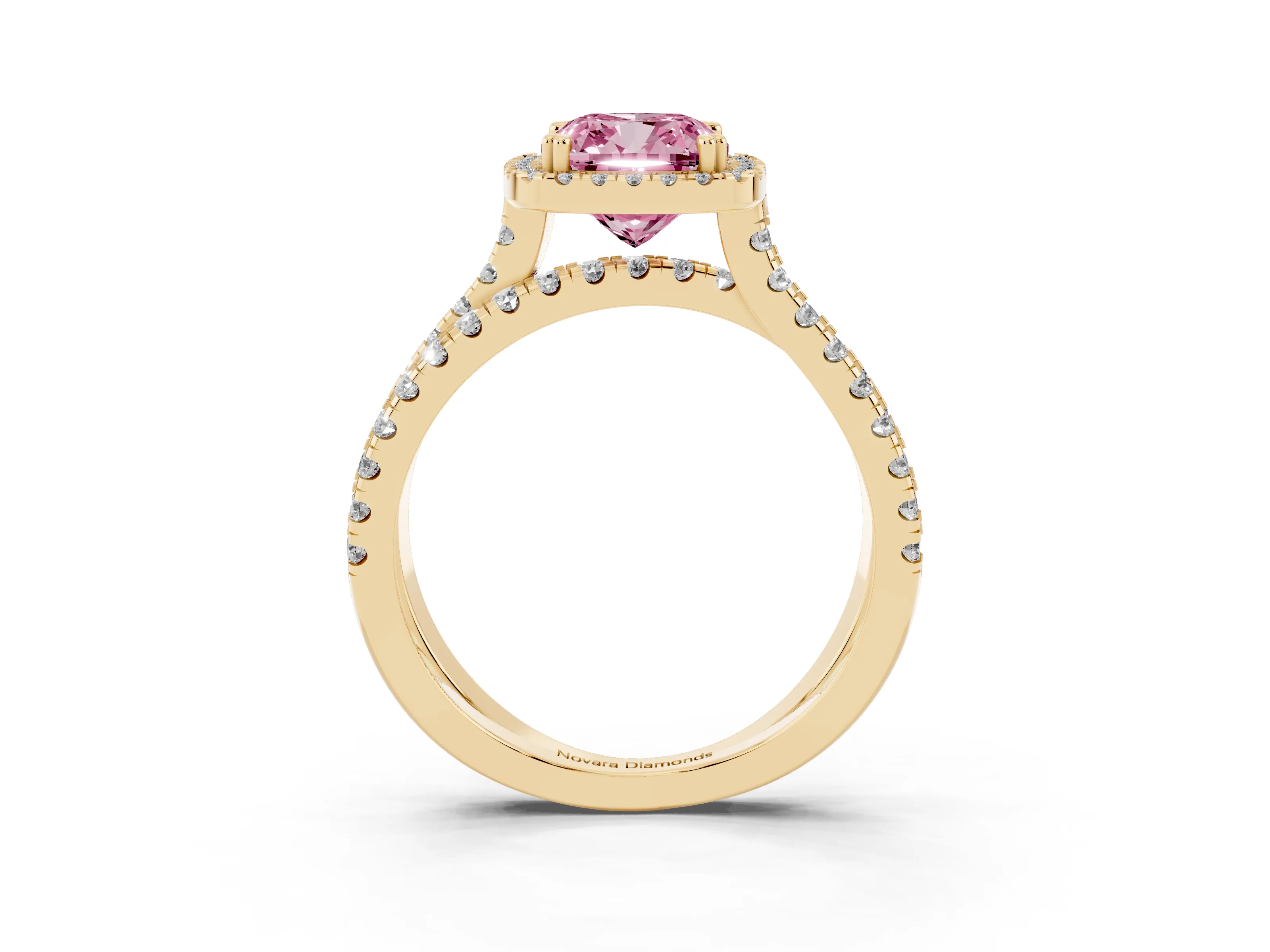 Fancy Pink Cushion Cut Diamond Halo Split Shank Ring Set in Yellow gold with Pavé Setting