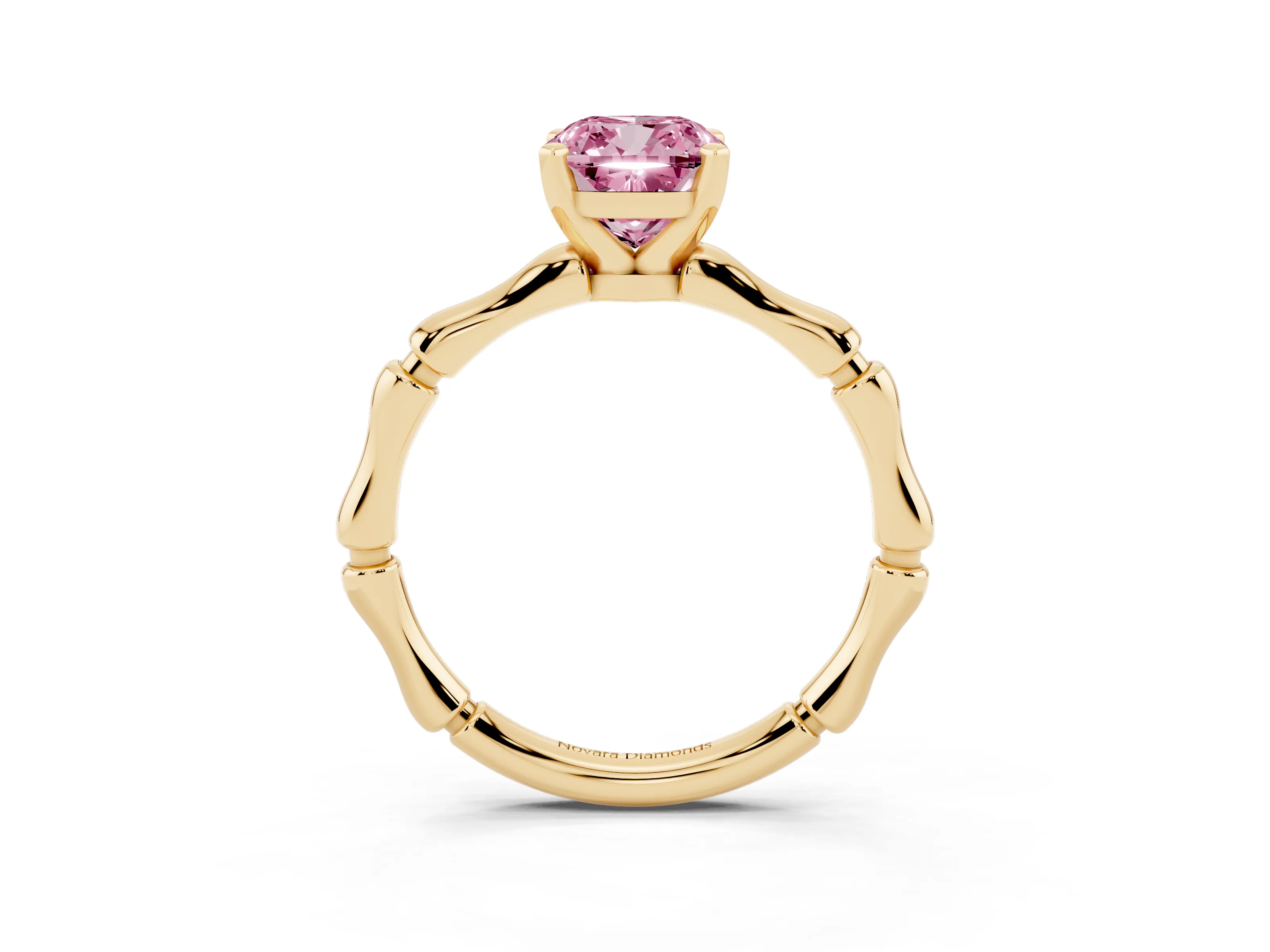Fancy Pink Cushion Cut Diamond Solitaire Ring Set in Yellow gold with Bamboo Band and Prong Setting