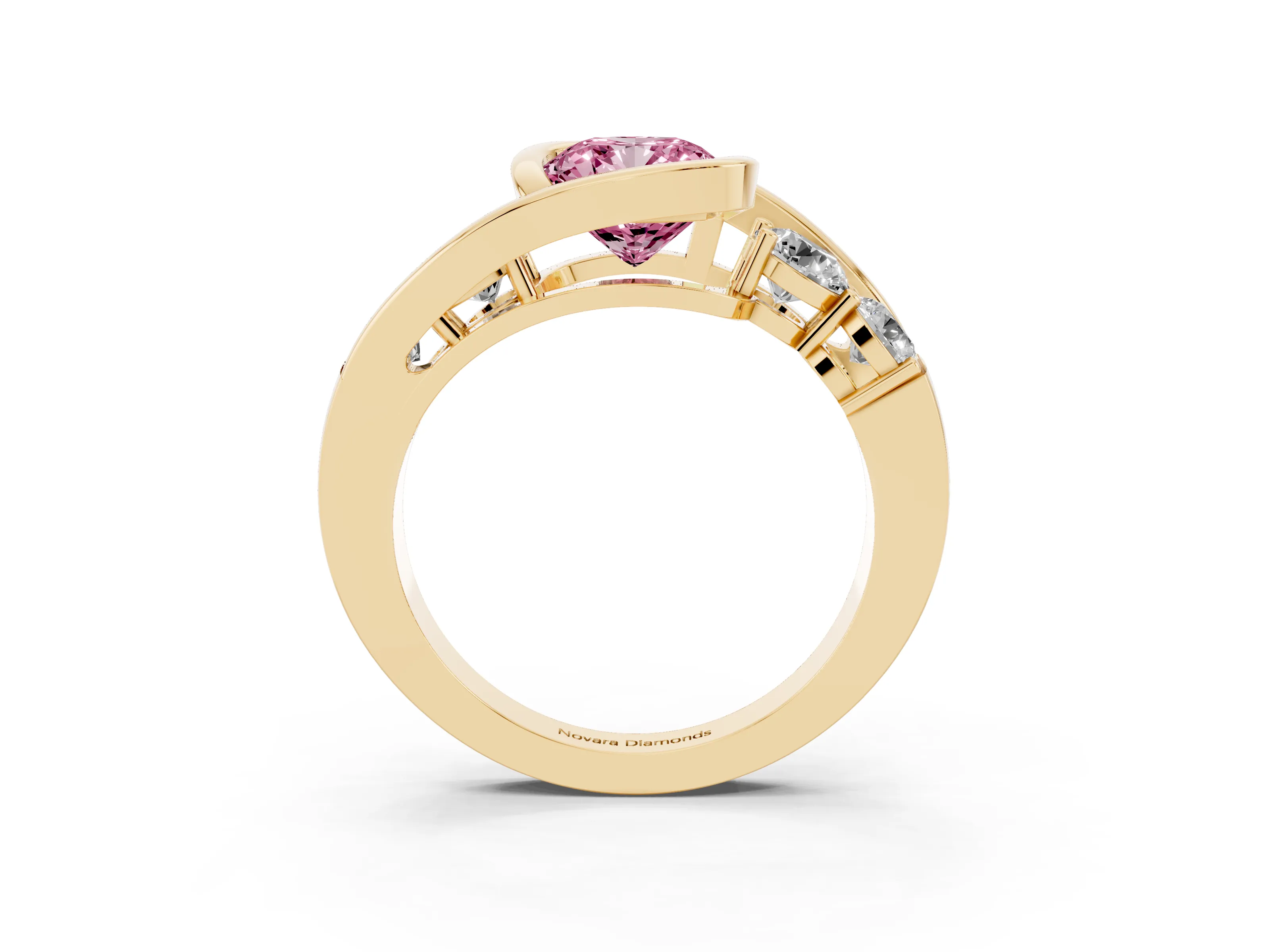 Fancy Pink Cushion Cut Diamond Bezel Bypass Ring Set in Yellow gold with Round Accents