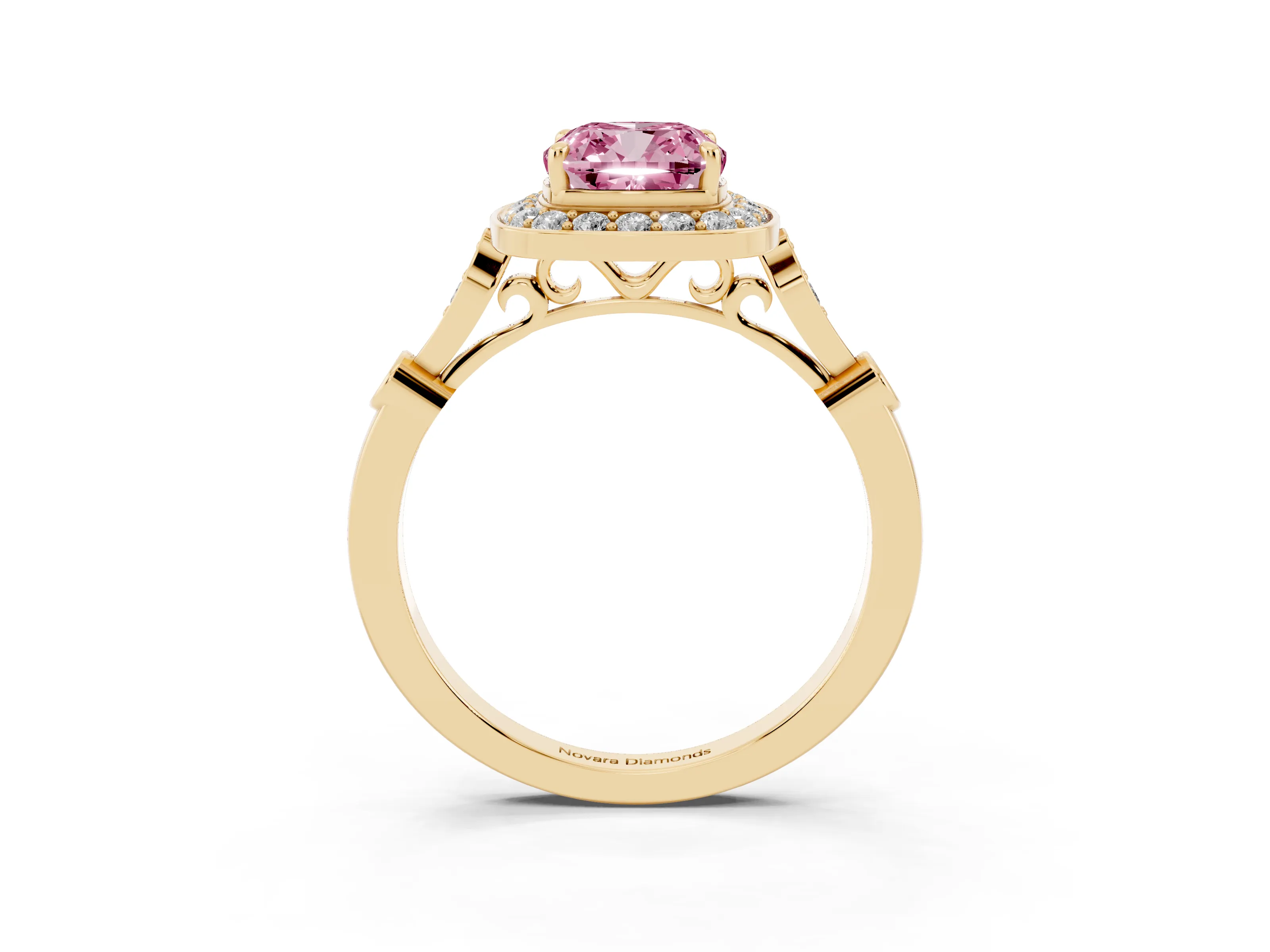 Fancy Pink Cushion Cut Diamond Halo Engagement Ring Set in Yellow gold with Twisted Band and Prong Setting