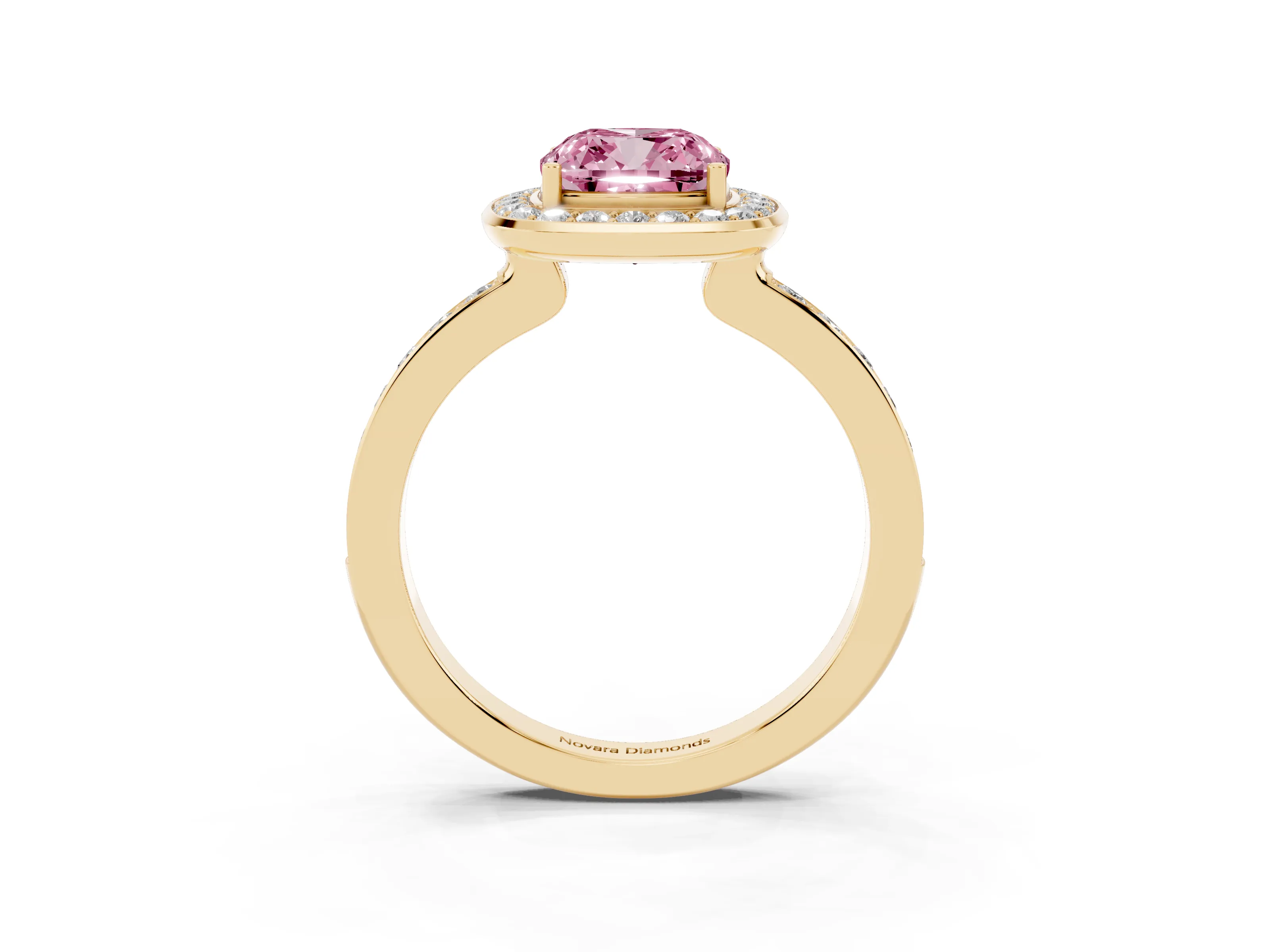 Fancy Pink Cushion Cut Diamond Halo Ring Set in Yellow gold with Bezel Frame and Pavé Band