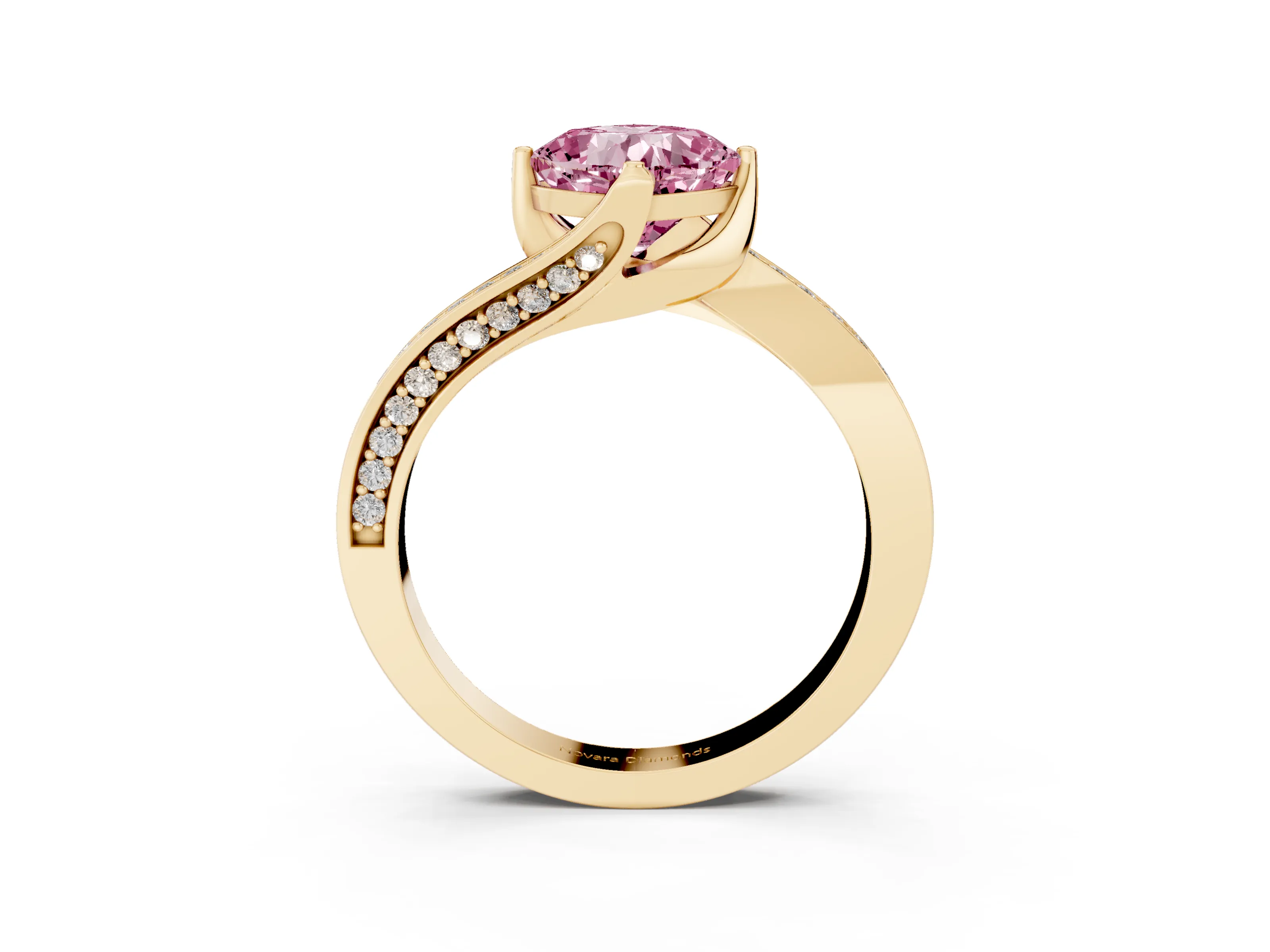 Fancy Pink Cushion Cut Diamond Solitaire Ring Set in Yellow gold with Intertwined Pavé Twist Band