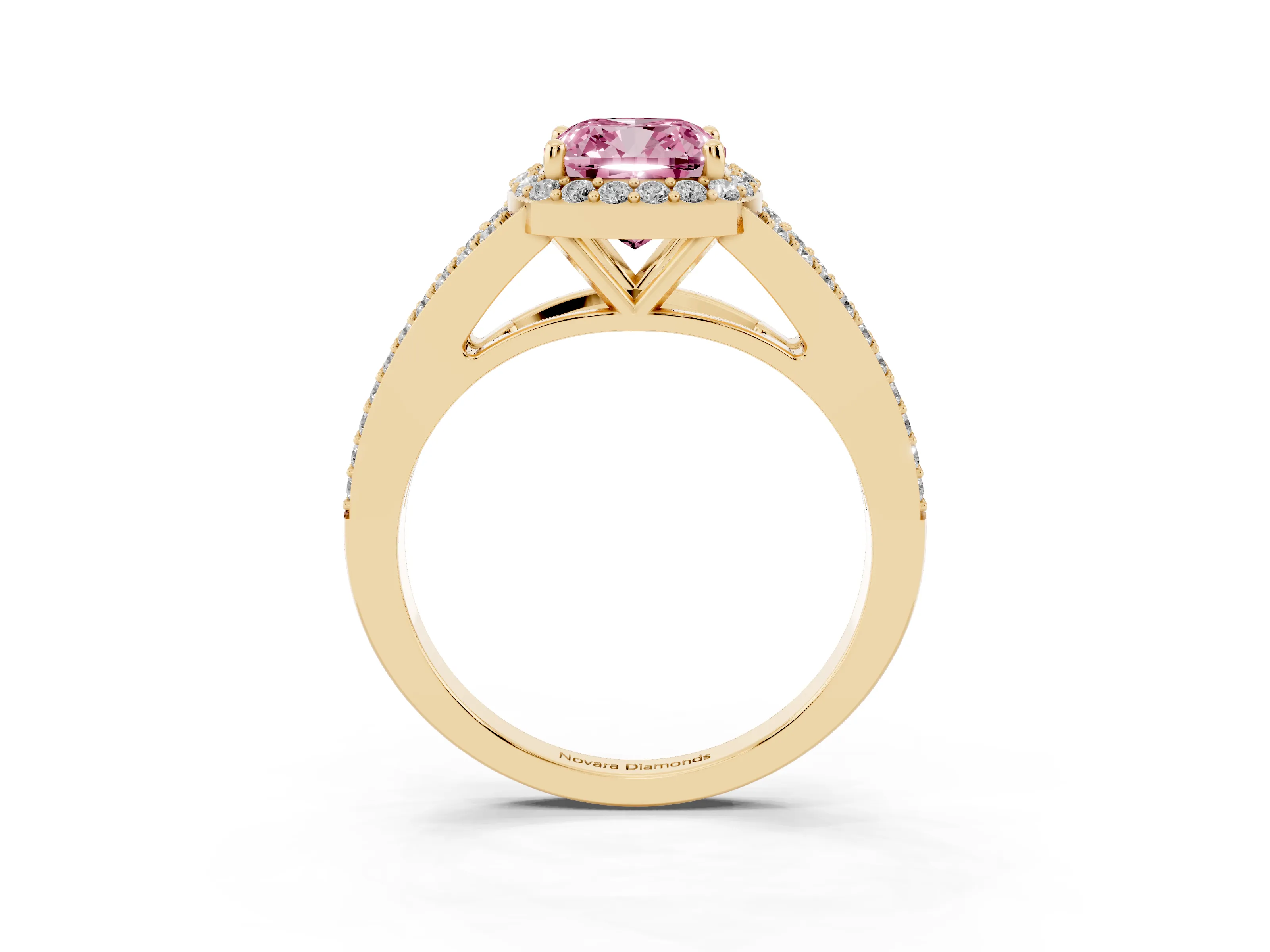 Fancy Pink Cushion Cut Diamond Halo Split Shank Ring Set in Yellow gold with Accent Stones and Prong Setting