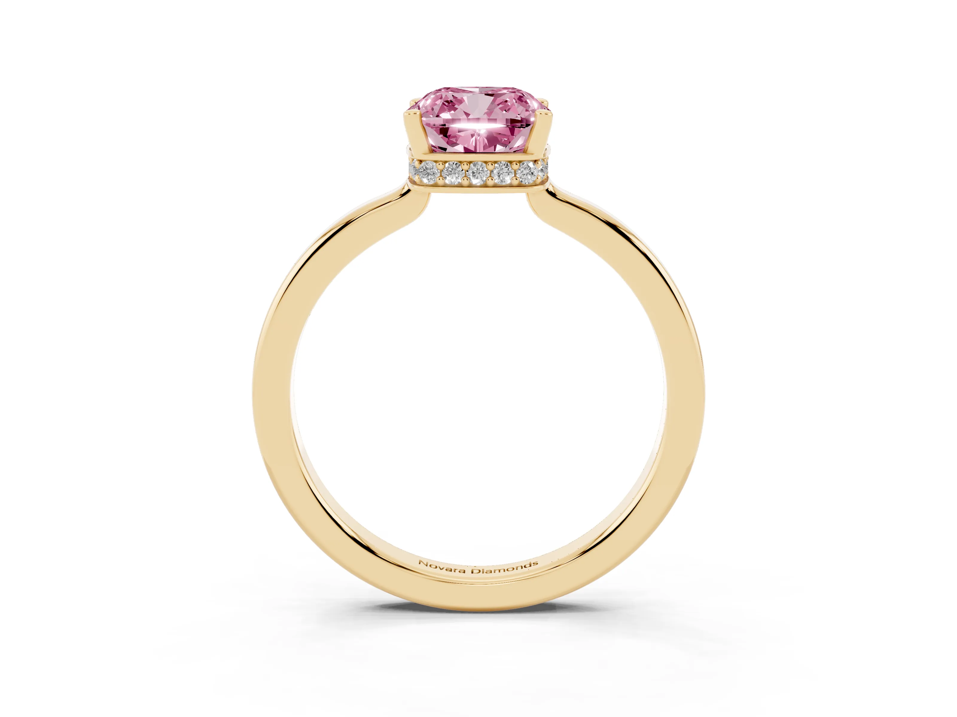 Fancy Pink Cushion Cut Diamond Solitaire Engagement Ring Set in Yellow gold with Prong Setting on a Plain Band