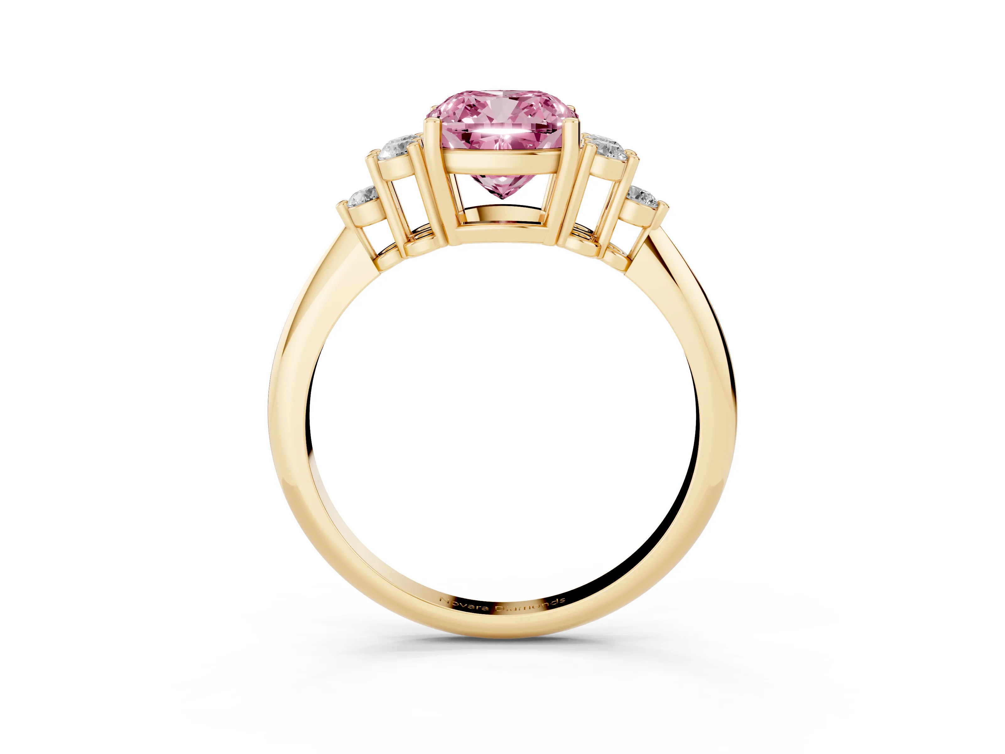 Fancy Pink Cushion Cut Diamond Cluster Ring Set in Yellow gold with Plain Band and Prong Setting