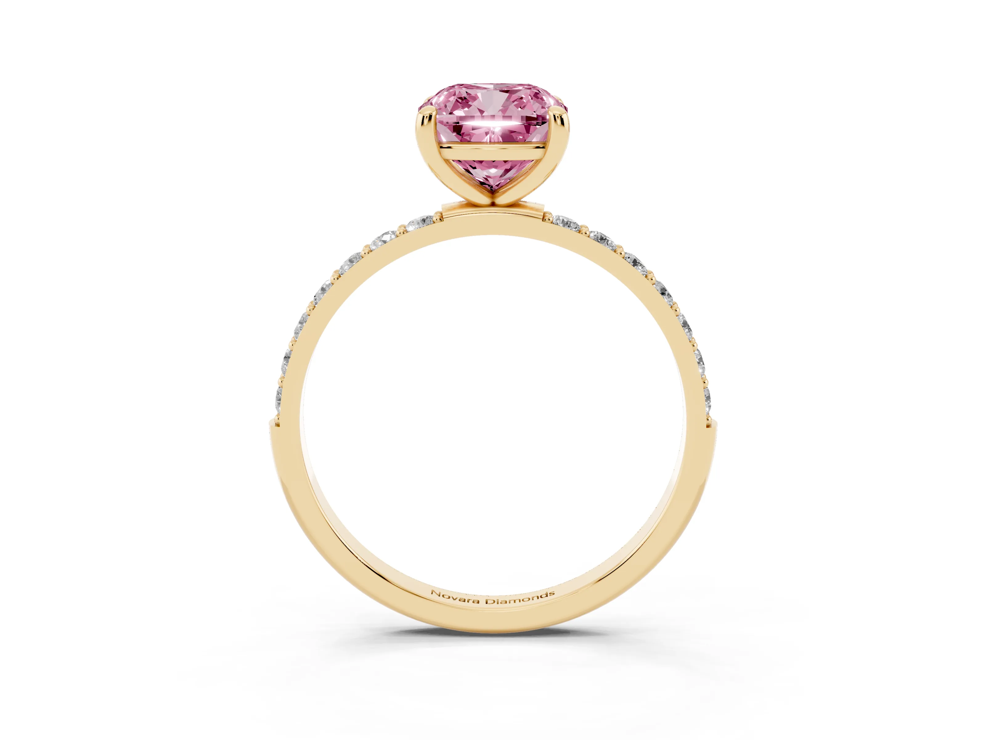 Fancy Pink Cushion Cut Diamond Solitaire Ring Set in Yellow gold with Round Pavé Band and Prong Setting