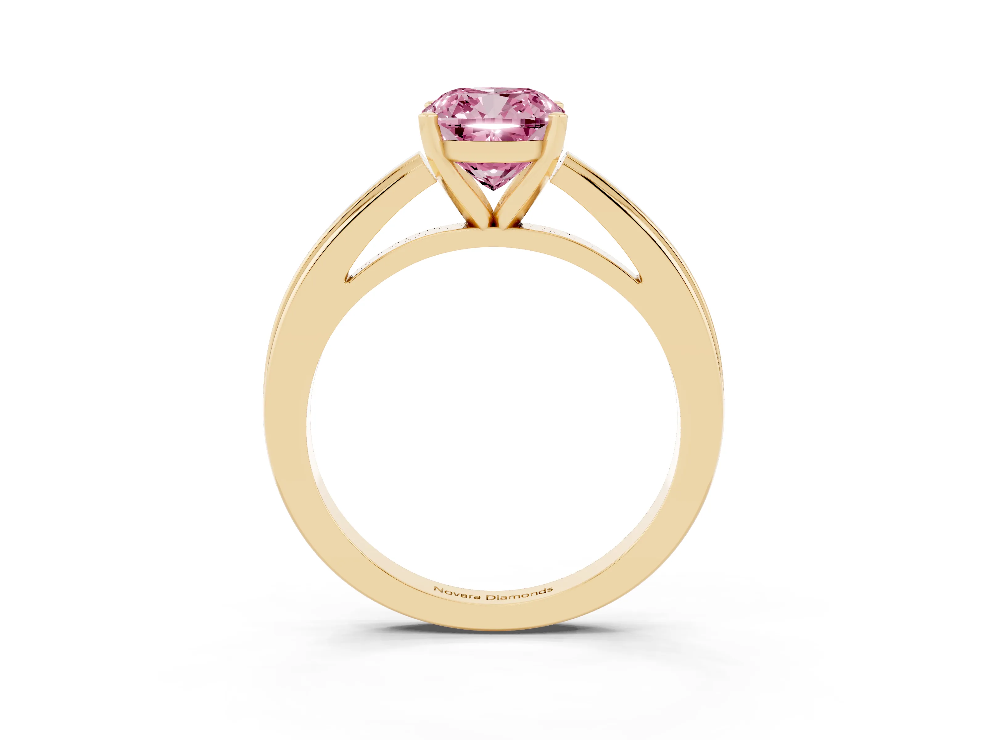Fancy Pink Cushion Cut Diamond Solitaire Ring Set in Yellow gold with Prong Setting and Classic Band