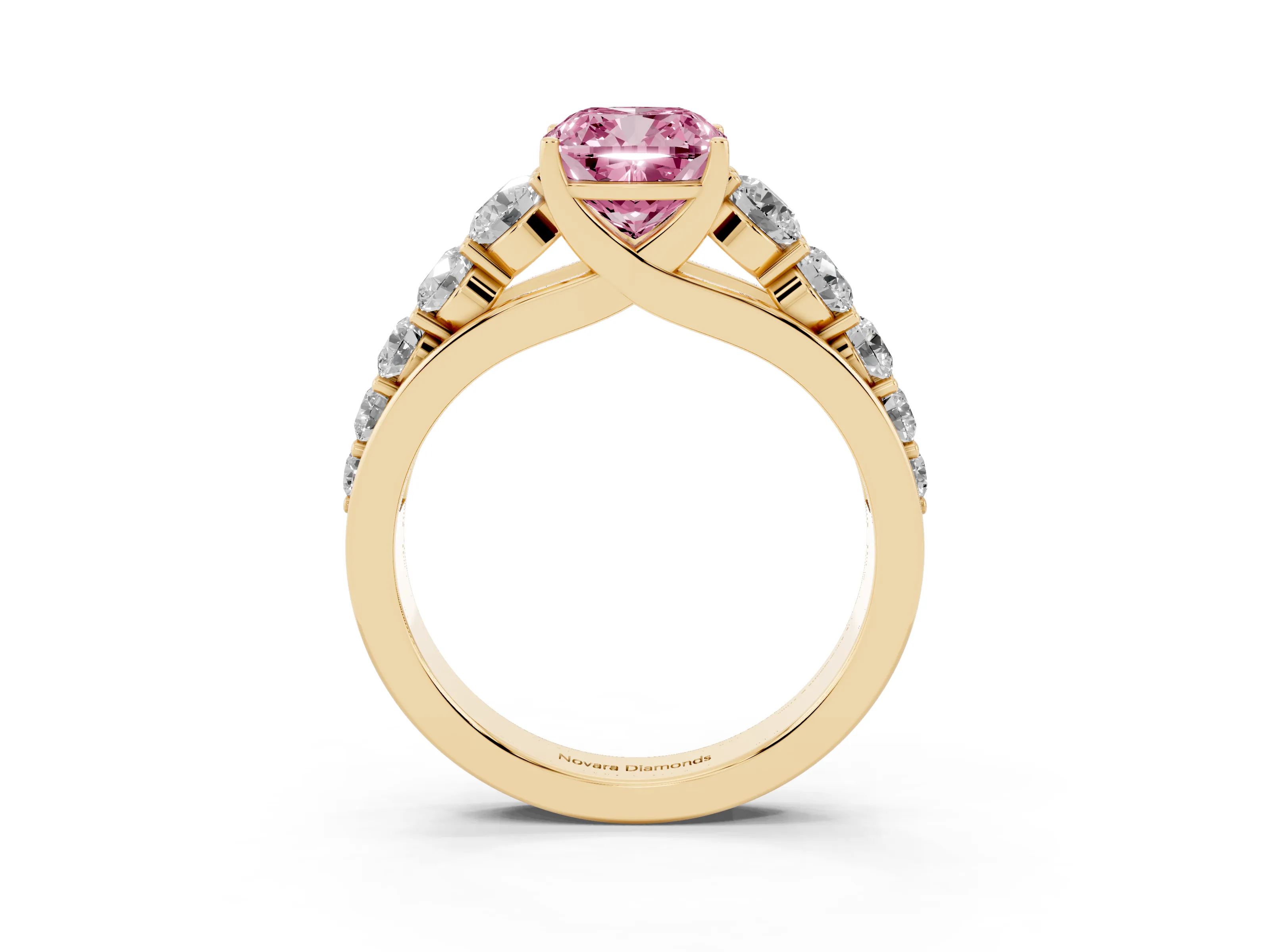 Fancy Pink Cushion Cut Diamond Solitaire Ring Set in Yellow gold with Pavé-Set Band and Prong Setting