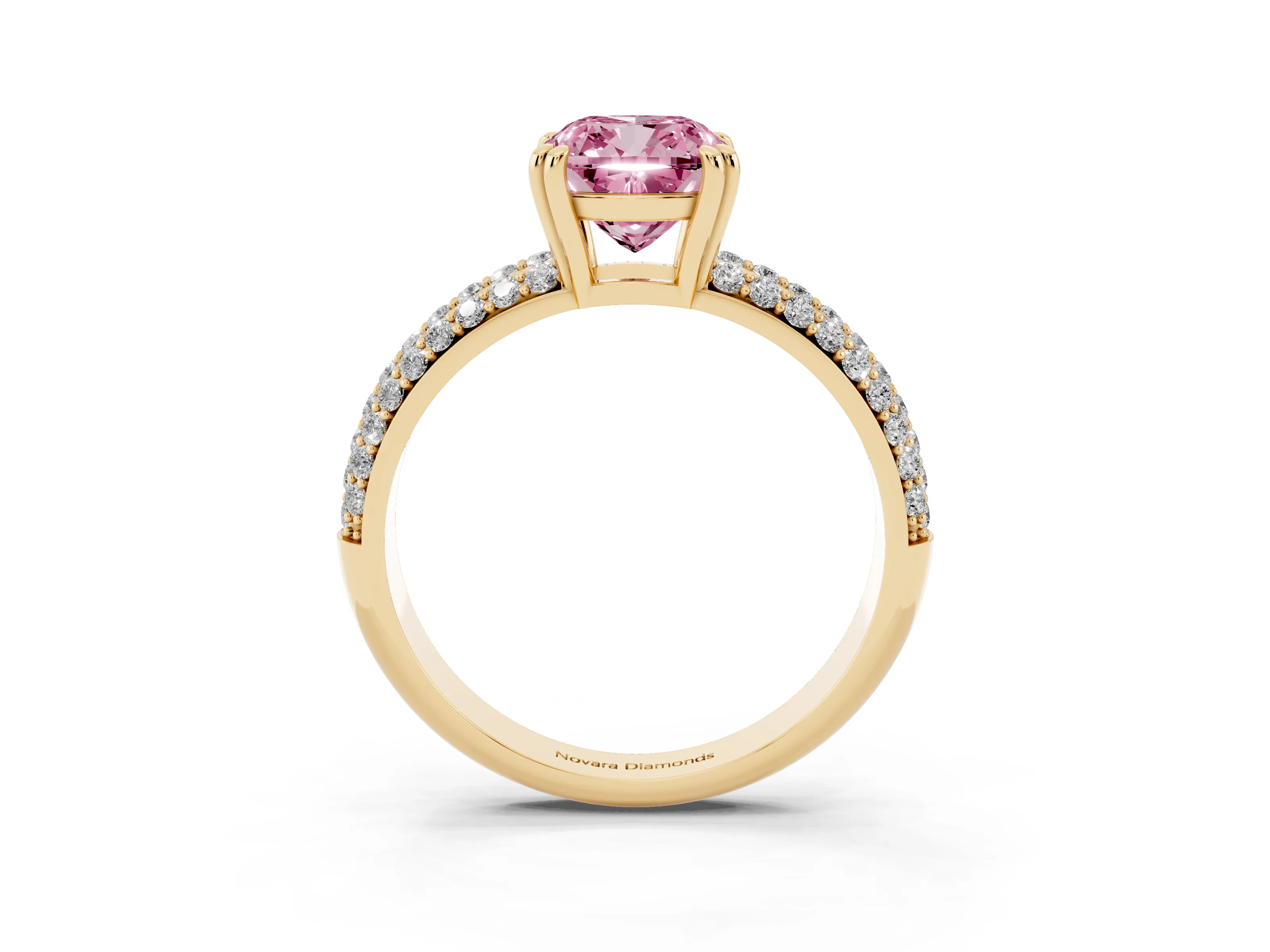 Fancy Pink Cushion Cut Diamond Solitaire Ring Set in Yellow gold with Multi-Row Round Pavé Band and Prong Setting