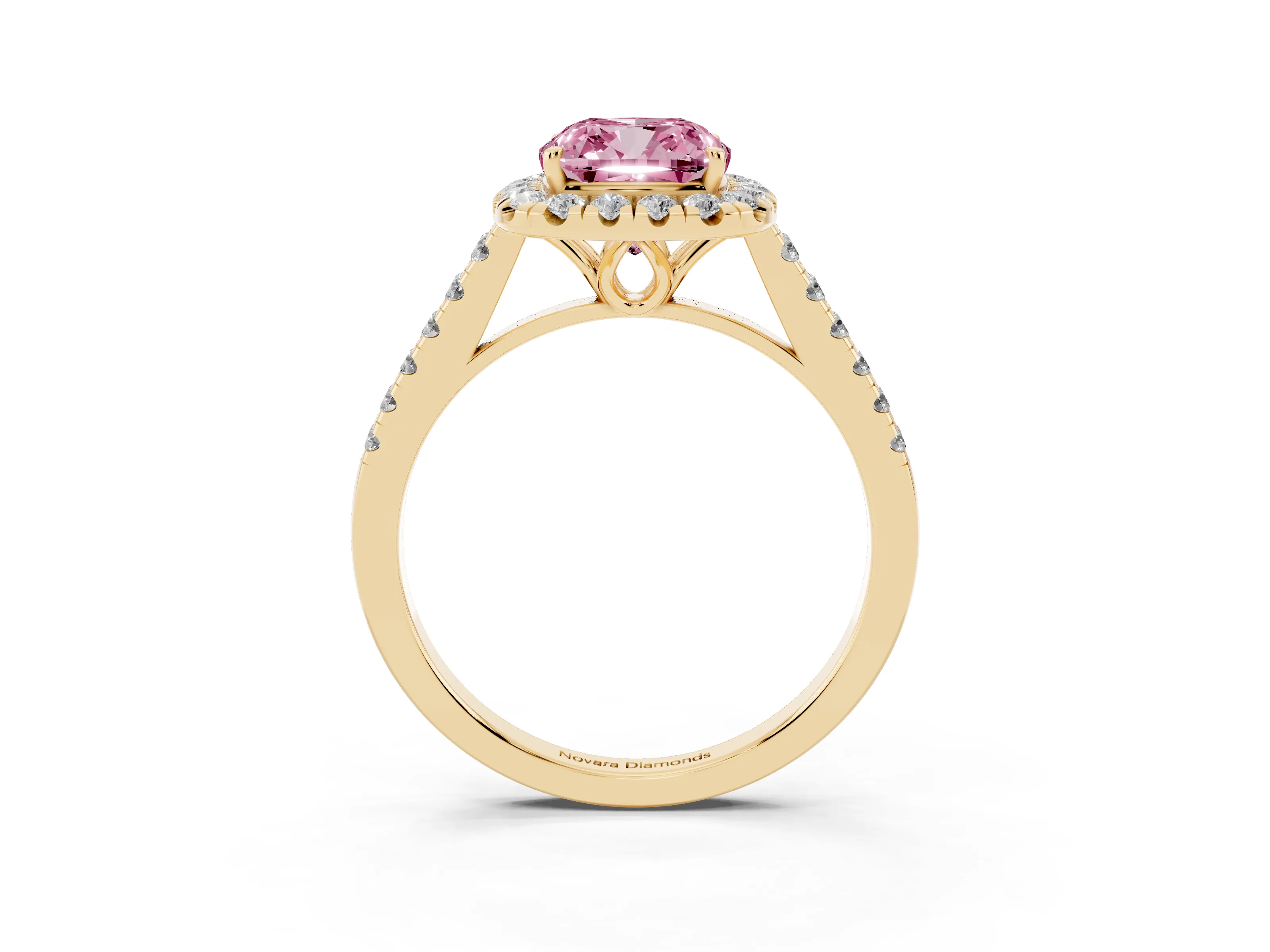 Fancy Pink Cushion Cut Diamond Pavé Halo Engagement Ring Set in Yellow gold with Pavé Band and Prong Setting