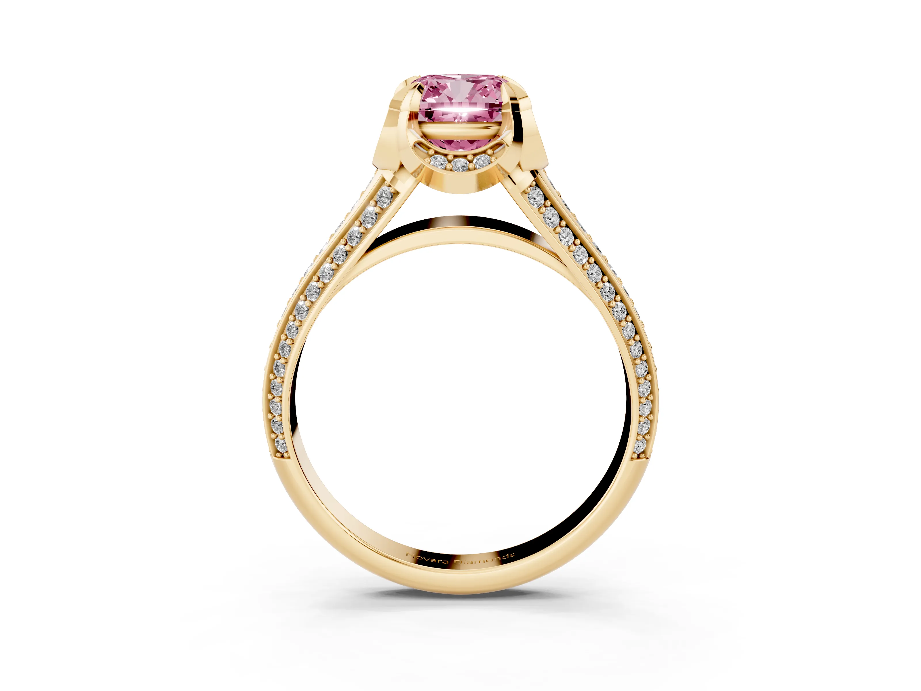 Fancy Pink Cushion Cut Diamond Pavé Split Shank Solitaire Ring Set in Yellow gold with Prong Setting
