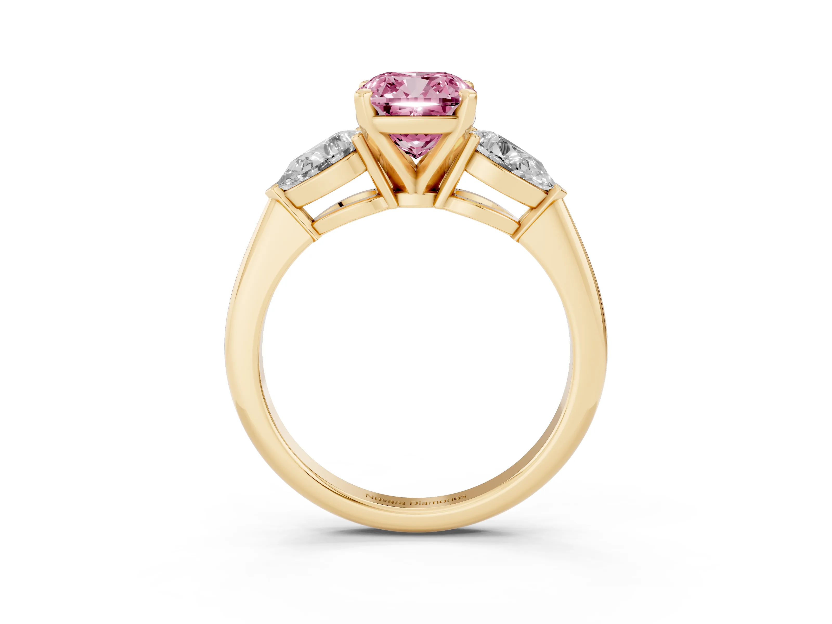 Fancy Pink Three-Stone Cushion Cut Diamond Ring Set in Yellow gold with Pear Side Stones and Prong Setting