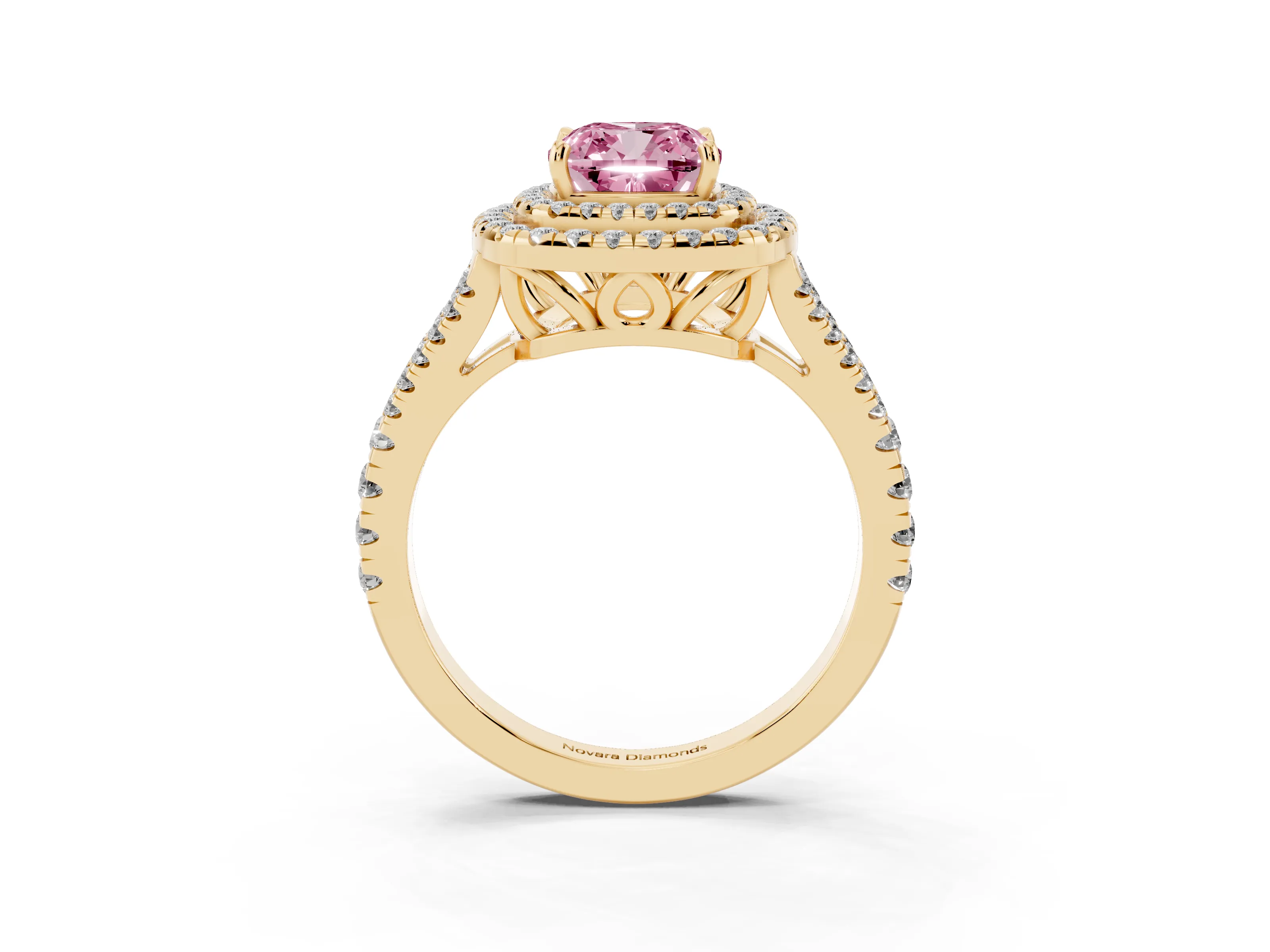 Fancy Pink Cushion Cut Diamond Double Halo Ring Set in Yellow gold with Pavé Band