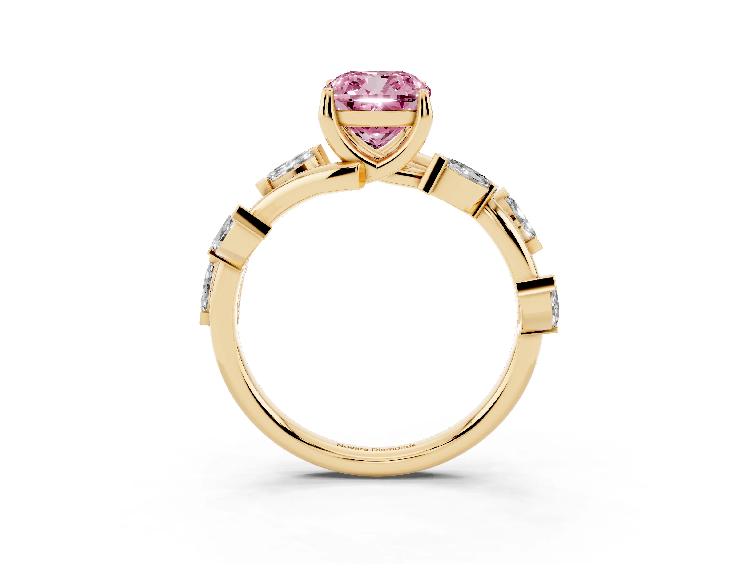 Fancy Pink Cushion Cut Diamond Solitaire Ring Set in Yellow gold with Twisted Marquise Accent Band