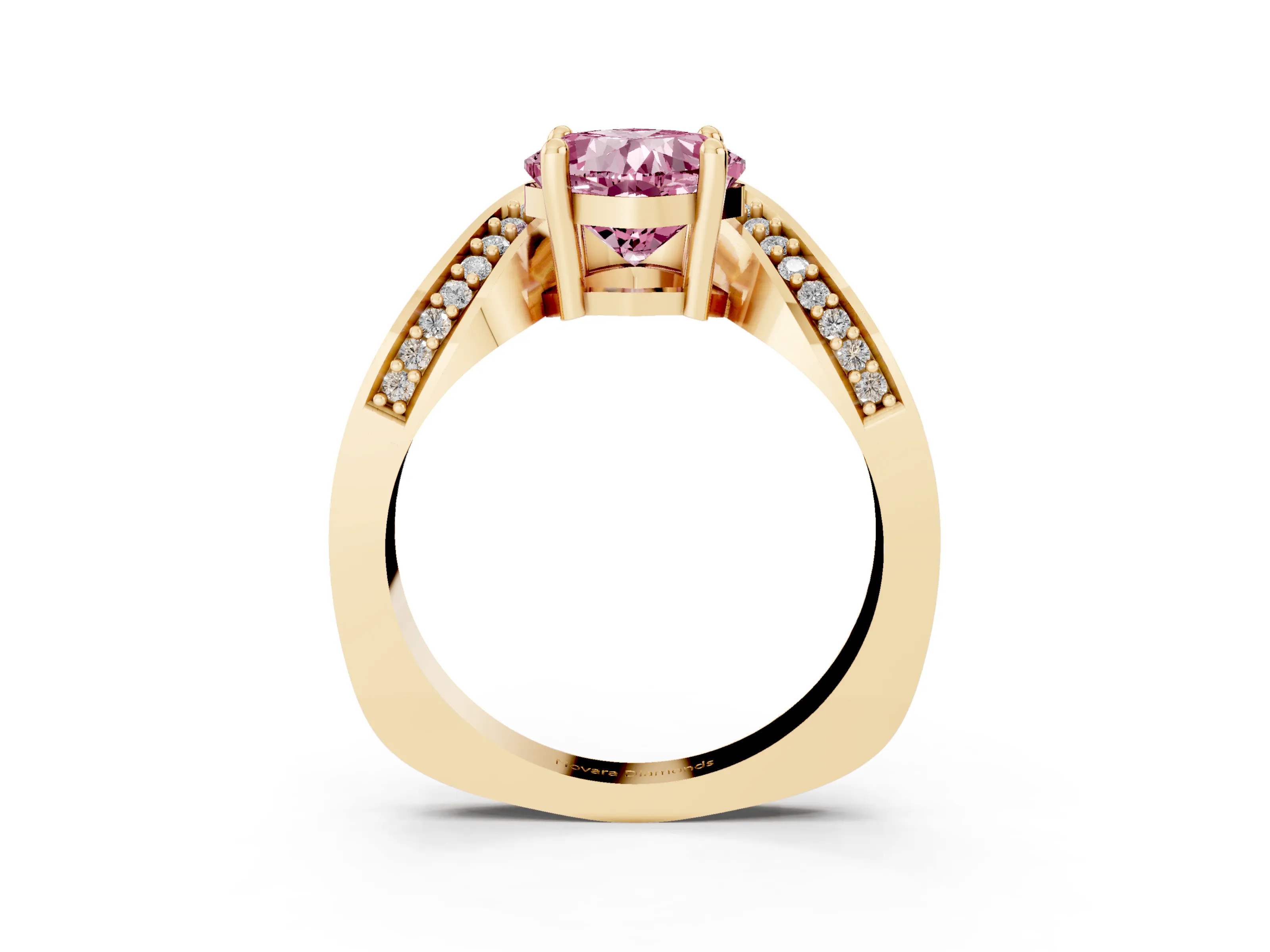 Fancy Pink Cushion Cut Diamond Solitaire Engagement Ring Set in Yellow gold with Pavé Shoulders