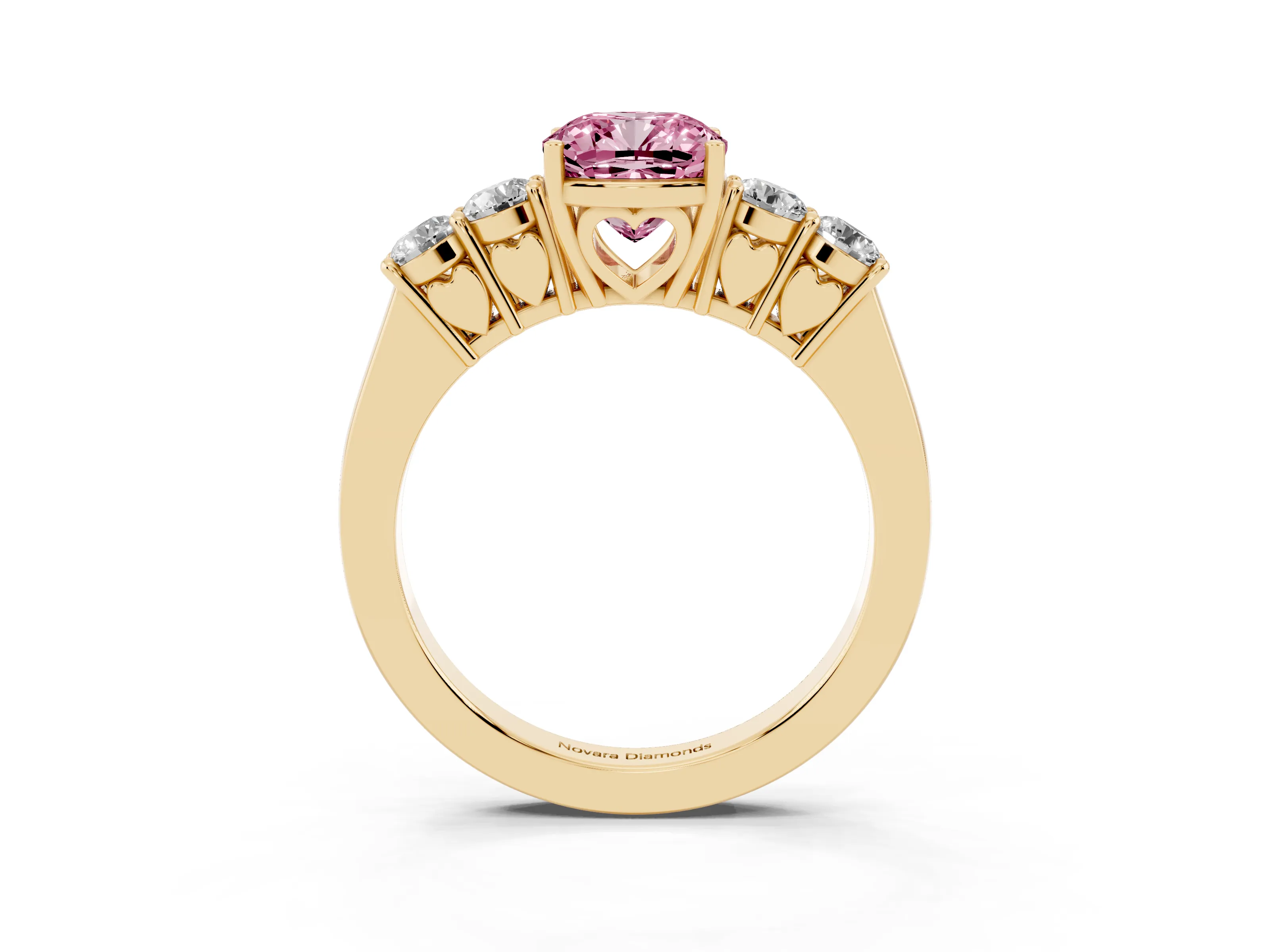 Fancy Pink Cushion Cut Diamond Five-Stone Prong Set Band Ring Set in Yellow gold with Polished Band