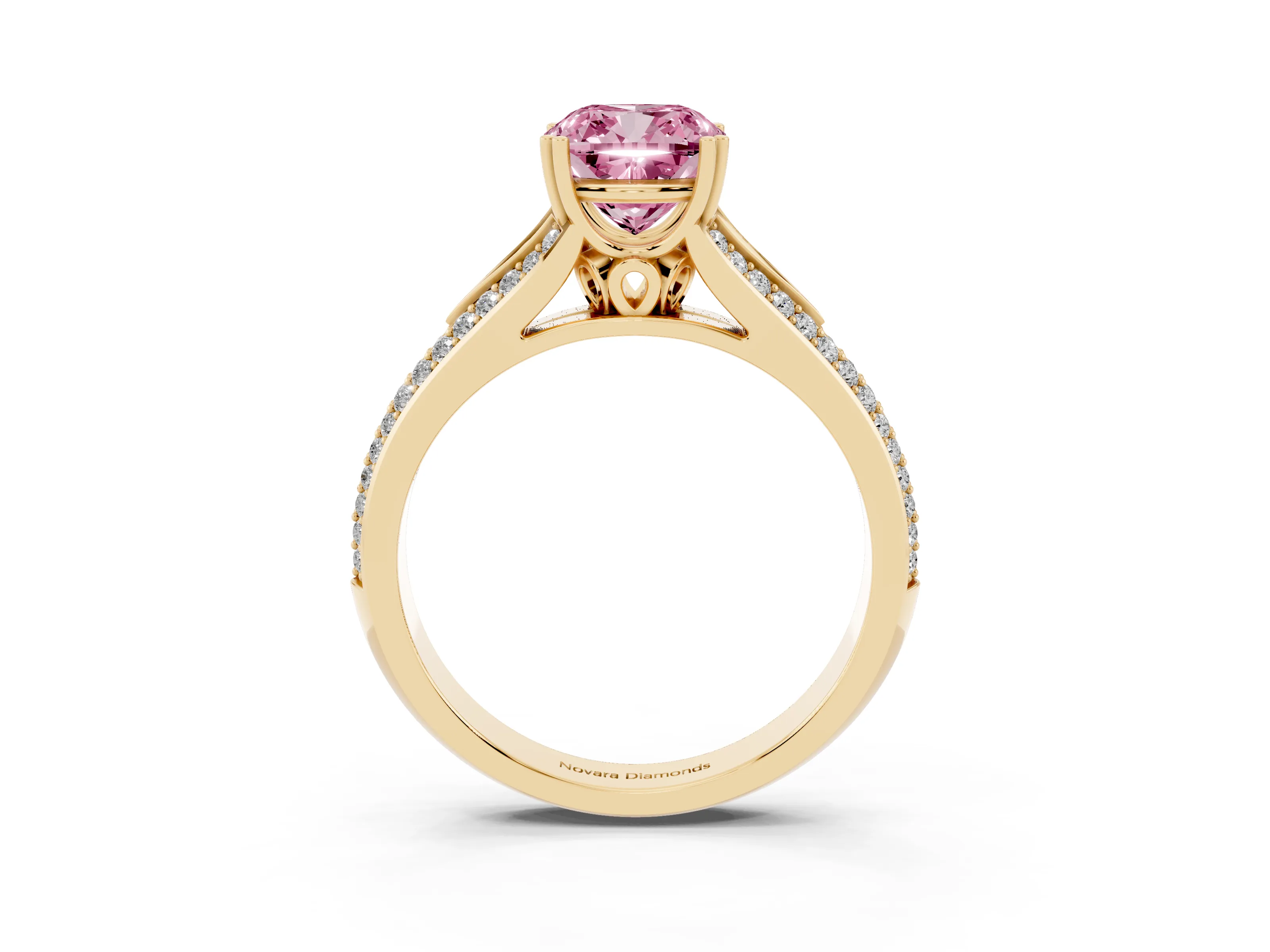 Fancy Pink Cushion Cut Diamond Split Shank Pavé Engagement Ring Set in Yellow gold with Prong-Set Center Stone