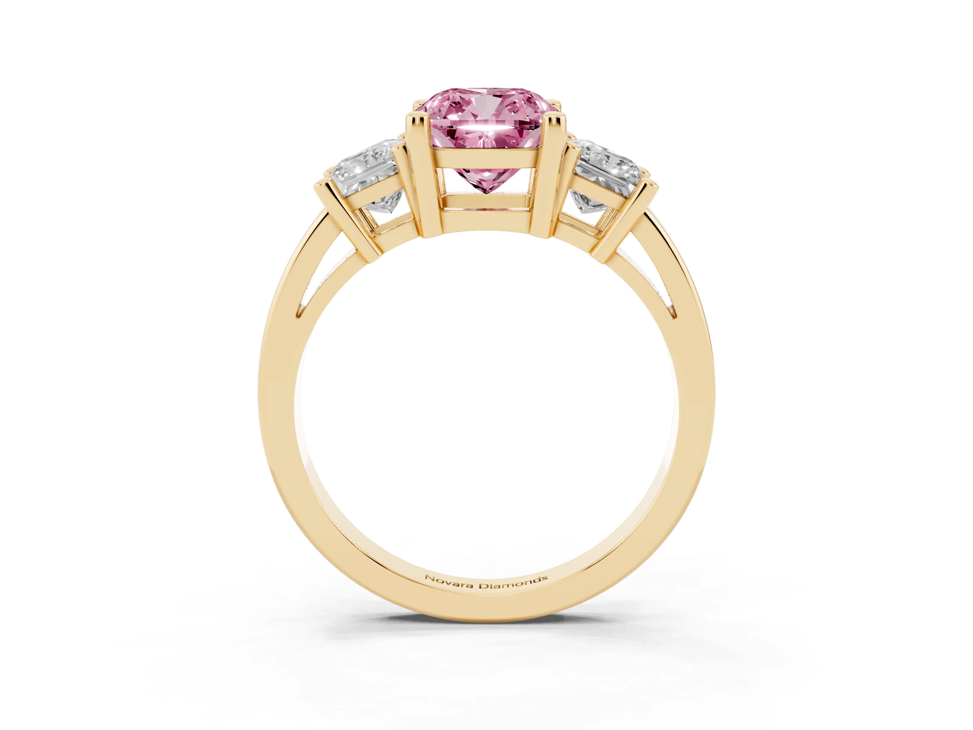 Fancy Pink Three-Stone Cushion Cut Diamond Solitaire Ring Set in Yellow gold with Prong Setting