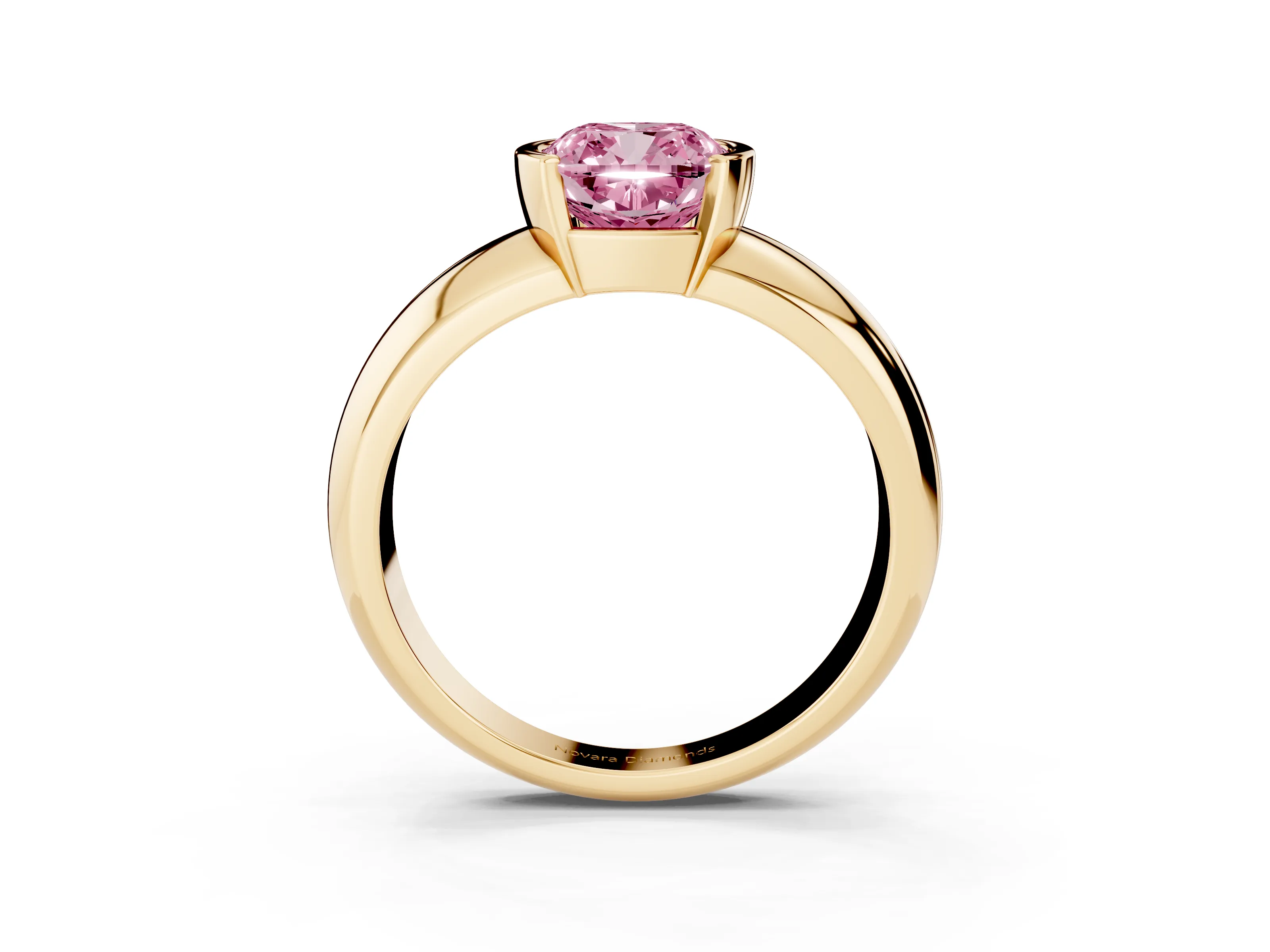 Fancy Pink Cushion Cut Diamond Solitaire Tension Set Ring Set in Yellow gold with Wide Band