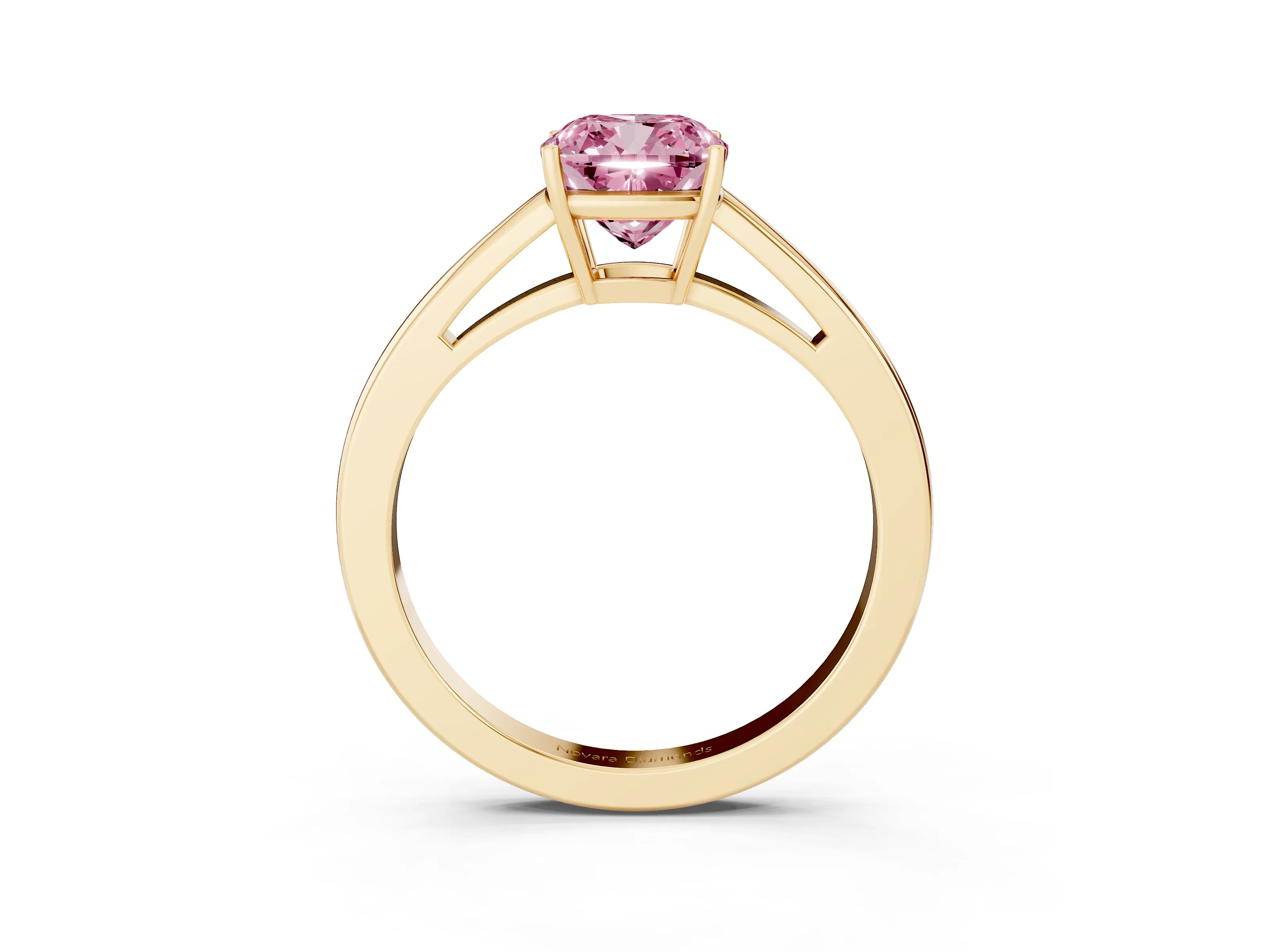 Fancy Pink Cushion Cut Diamond Solitaire Ring Set in Yellow gold with Split Shank and Prong Setting