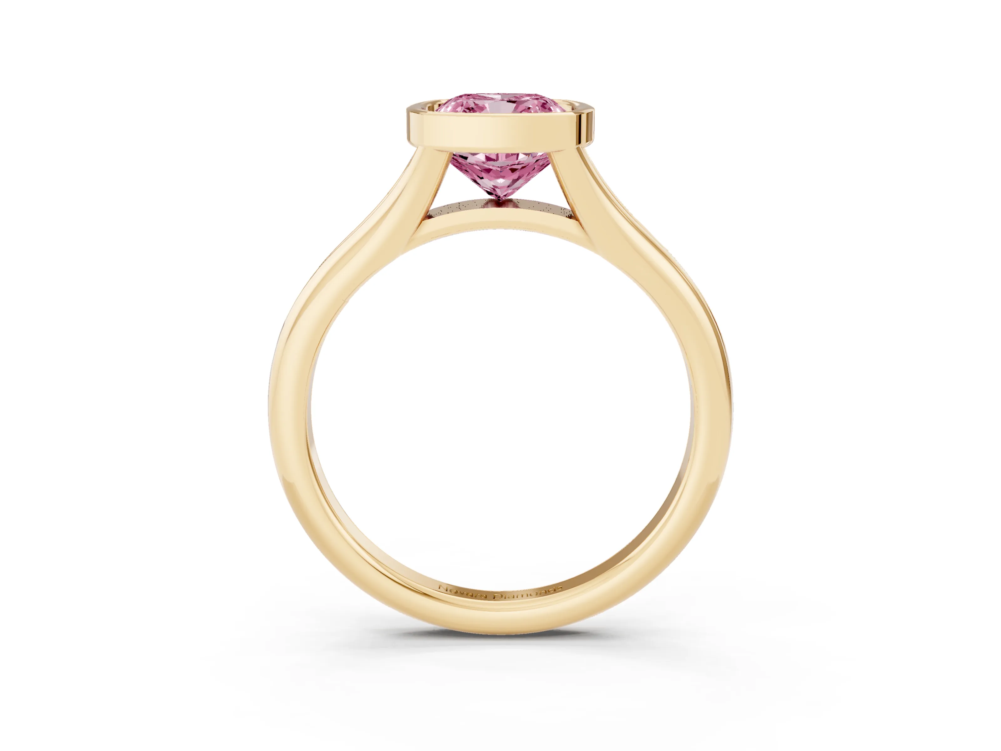 Fancy Pink Bezel Set Cushion Cut Diamond Solitaire Ring Set in Yellow gold with Smooth Band