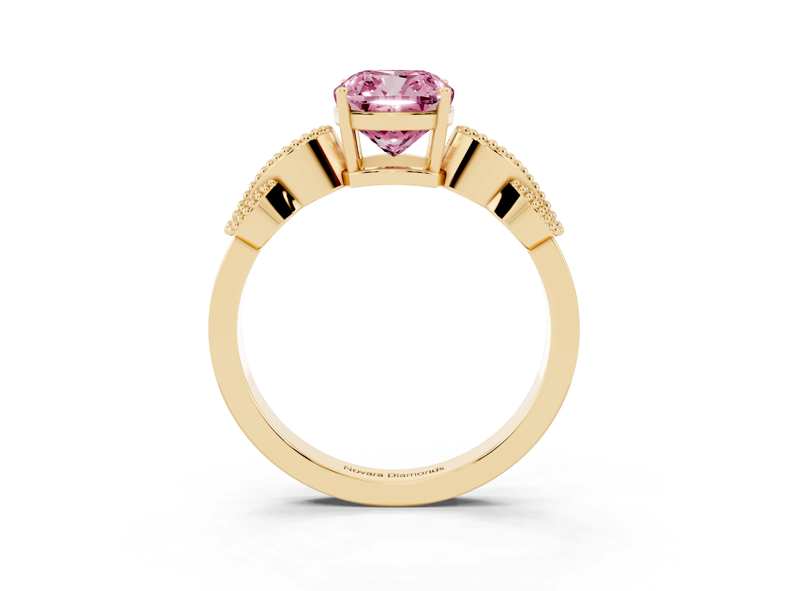 Fancy Pink Cushion Cut Diamond Milgrain Leaf Band Solitaire Ring Set in Yellow gold with Accent Stones and Prong Setting